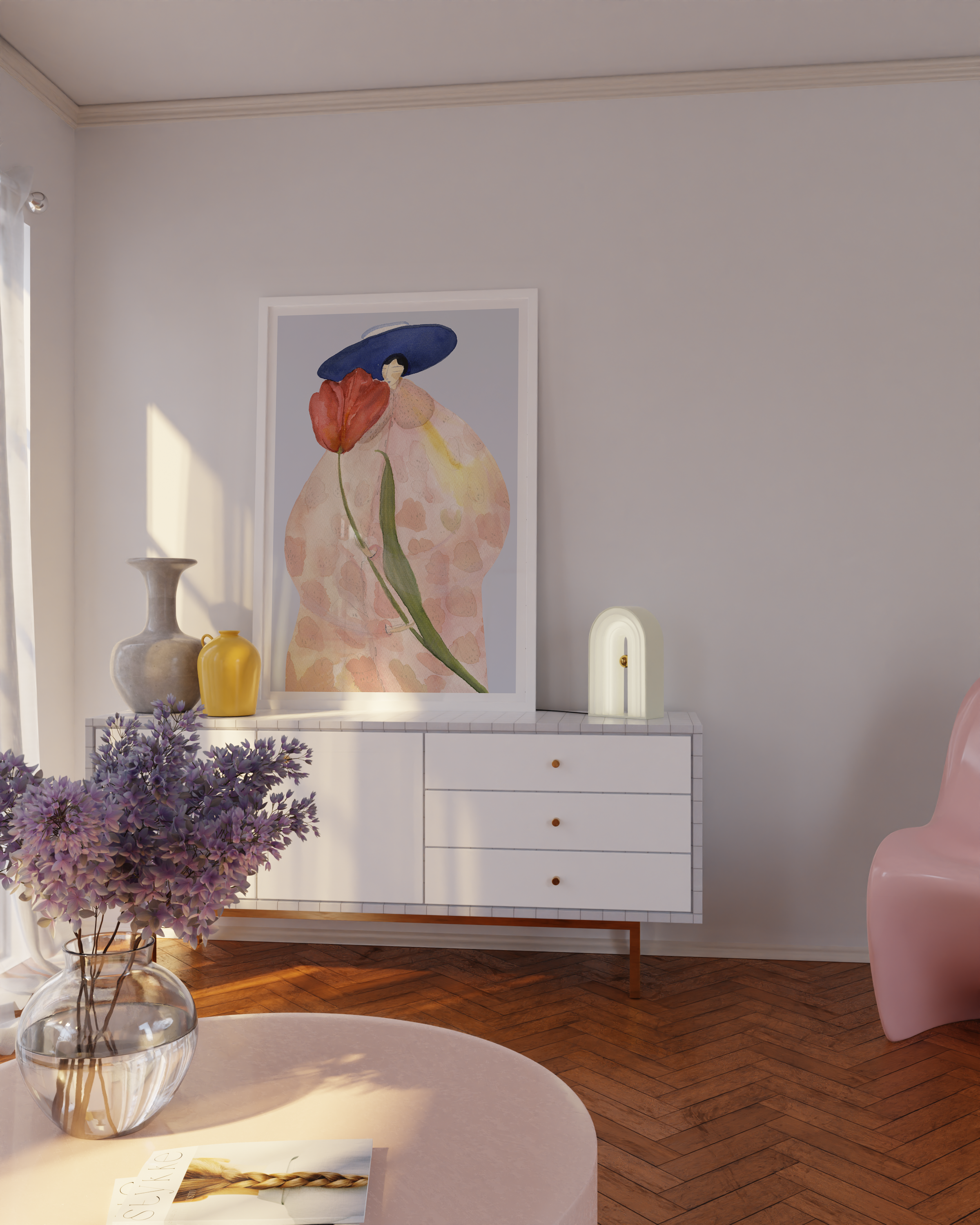 FRENCH TULIPS kunstplakat med rød tulipan i lyst interiør