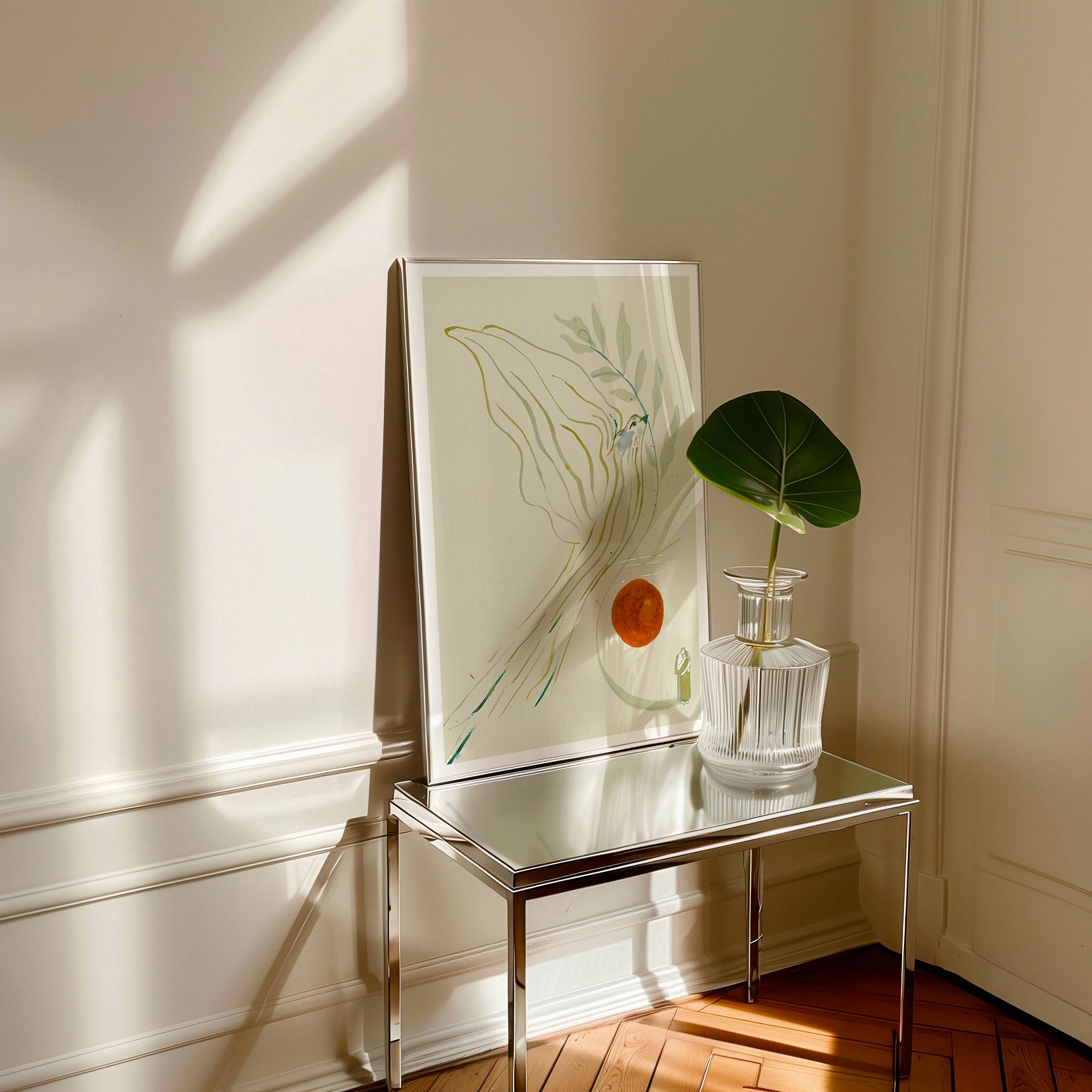 Garden Dove kunstplakat med lys fugl, grønne blade og orange sol på et spejlbord all-groups