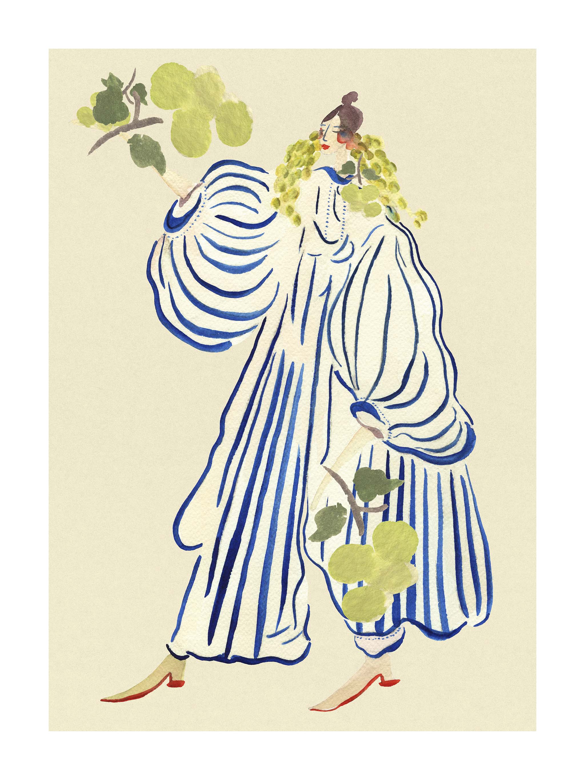 Japandi plakat med vindruegudinde i frodig have. Håndtegnet dansk kunst fra Krull Studio. all-groups