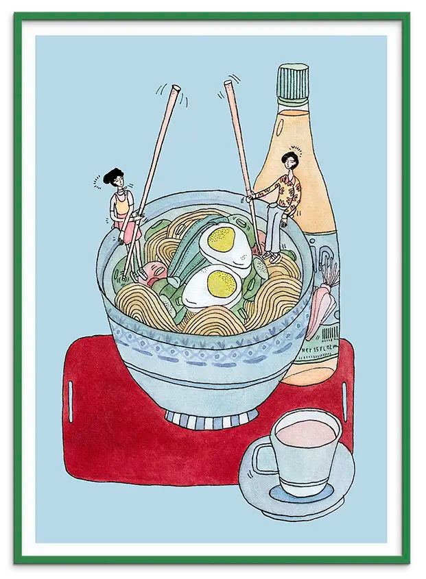 Grøn træramme til NOODLE GOSSIP kunstplakat