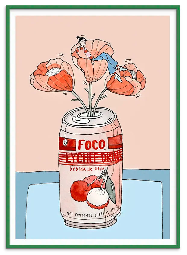 Grøn træramme til LYCHEE SODA NAP kunstplakat