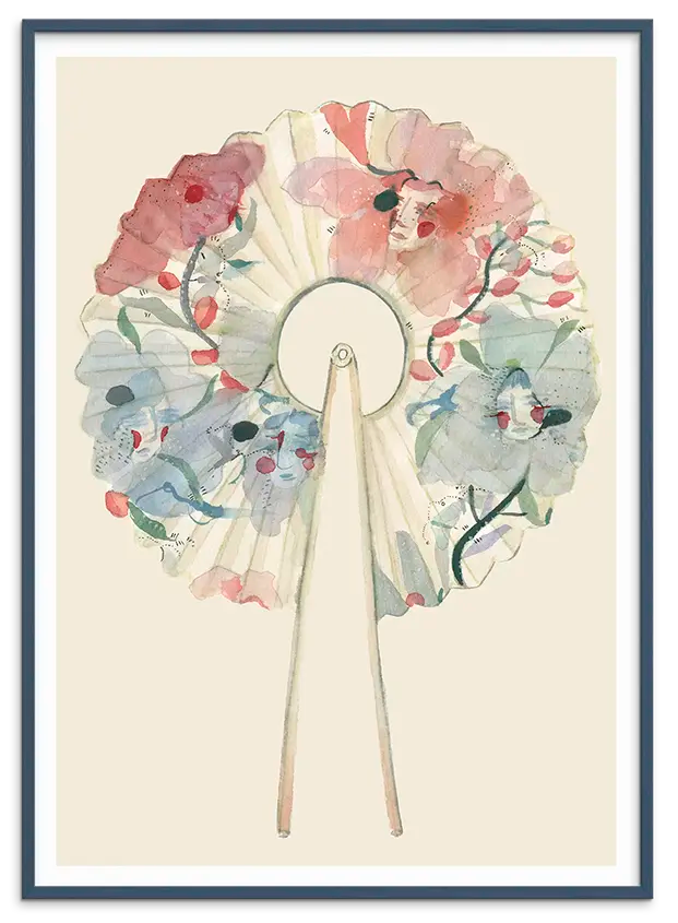Petroleumsblå træramme til WASHI PAPER FAN kunstplakat