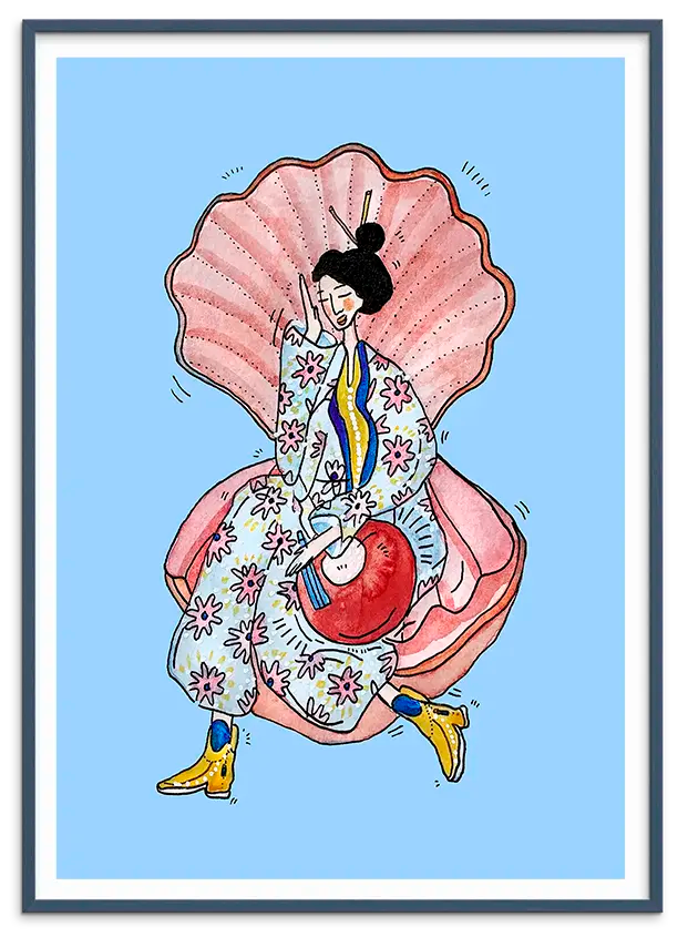 Petroleumsblå træramme til OYSTER & KIMONO kunstplakat