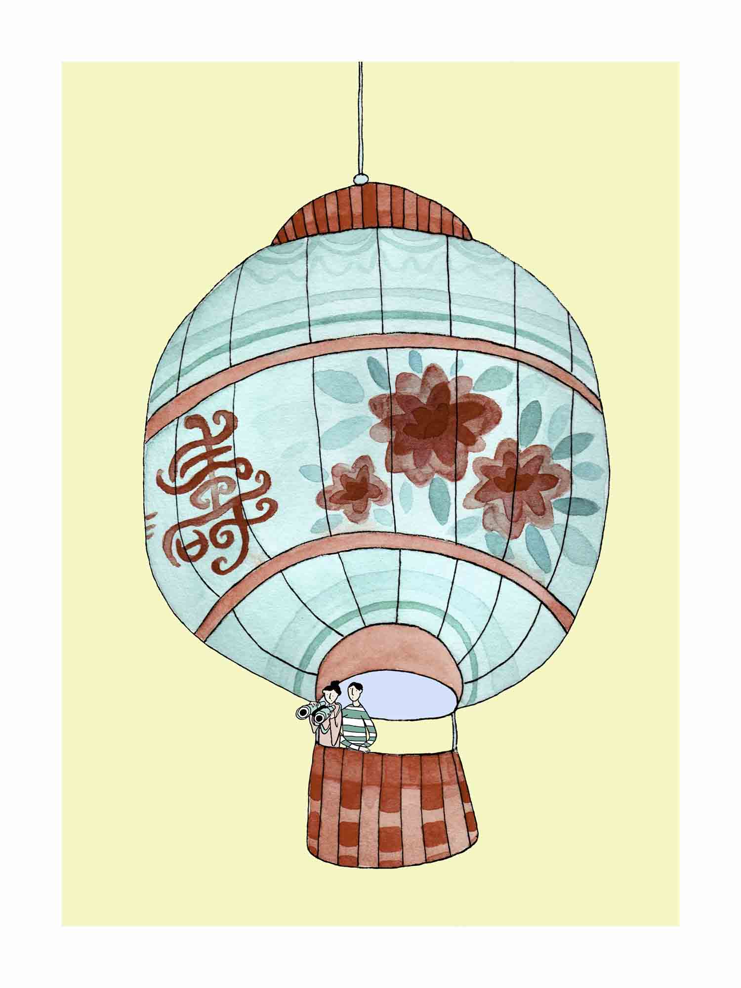 Japandi plakat med flyvende lanterne på nattehimlen. Håndtegnet dansk kunst fra Krull Studio.