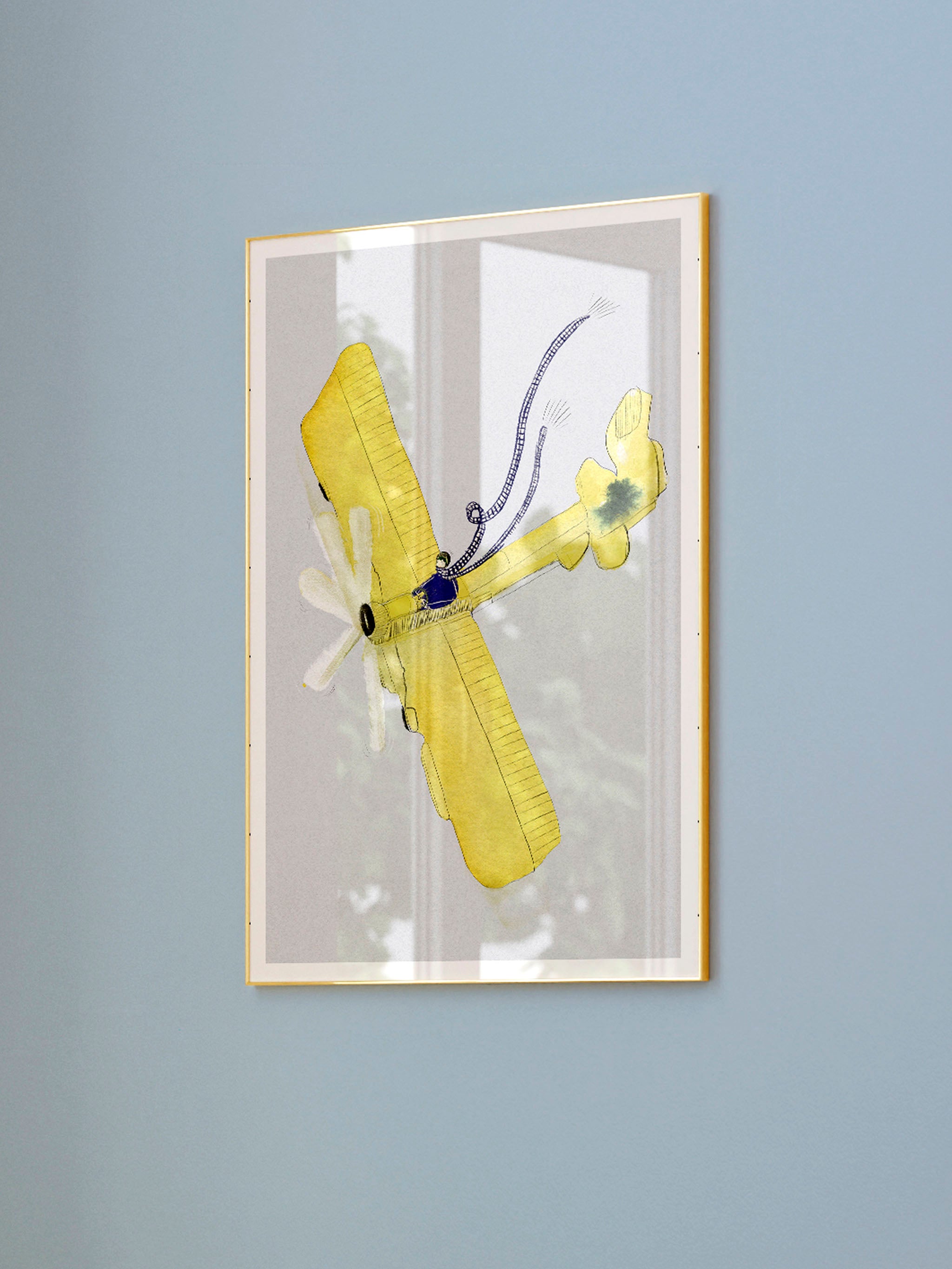 Lemonade Flyveren kunstplakat med person på et gult fly på en blå væg