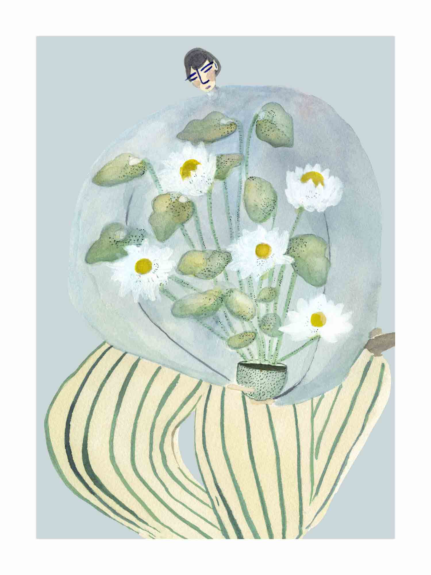 Japandi plakat med kamilleblomster som balsam for sjælen. Håndtegnet dansk kunst fra Krull Studio.