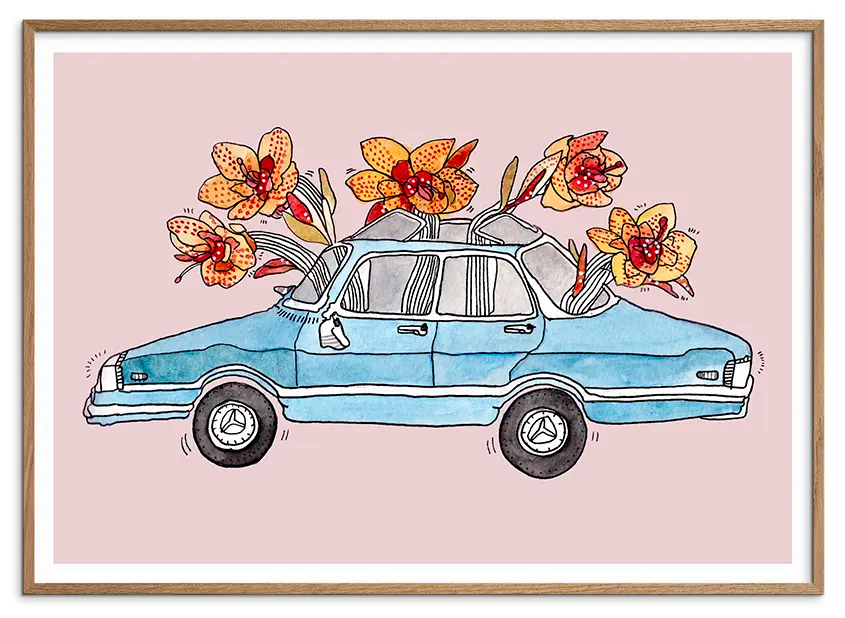 Natur egetræsramme til BLOOMING CAR kunstplakat