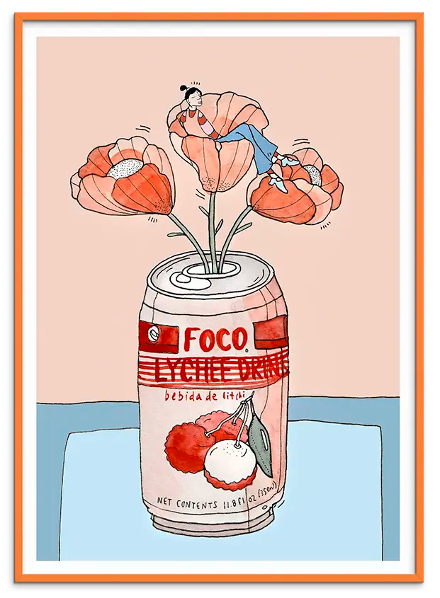 Orange træramme til LYCHEE SODA NAP kunstplakat