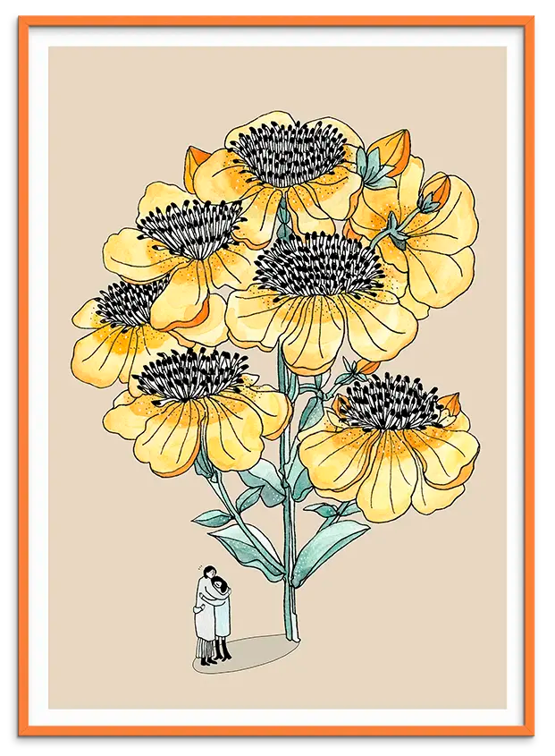 Orange træramme til HUG ME kunstplakat