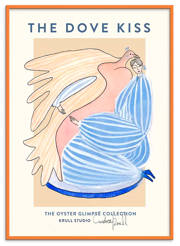 Orange træramme til DOVE KISS kunstplakat