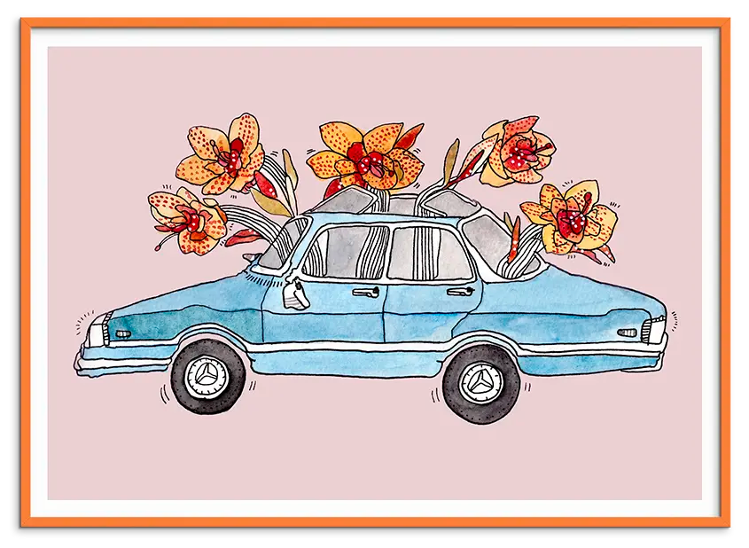Orange træramme til BLOOMING CAR kunstplakat
