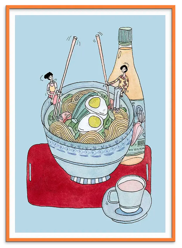 Orange træramme til NOODLE GOSSIP kunstplakat