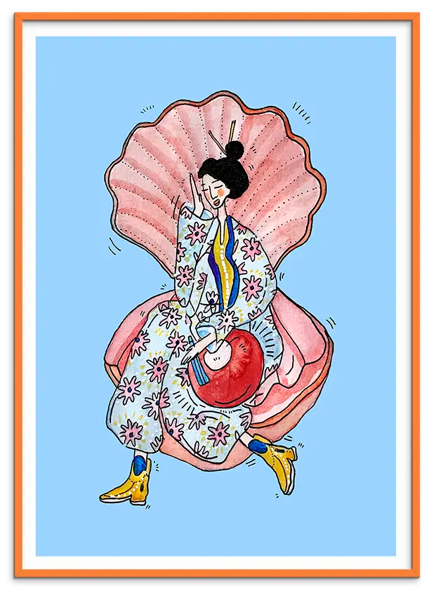 Orange træramme til OYSTER & KIMONO kunstplakat
