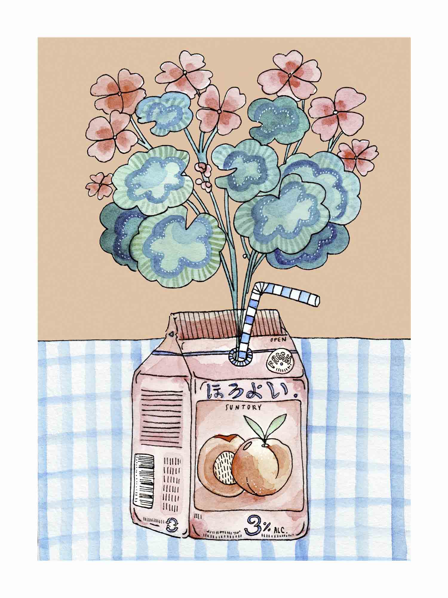 Japandi plakat med fersken geranium og kløver i botanisk stil. Håndtegnet dansk kunst fra Krull Studio.
