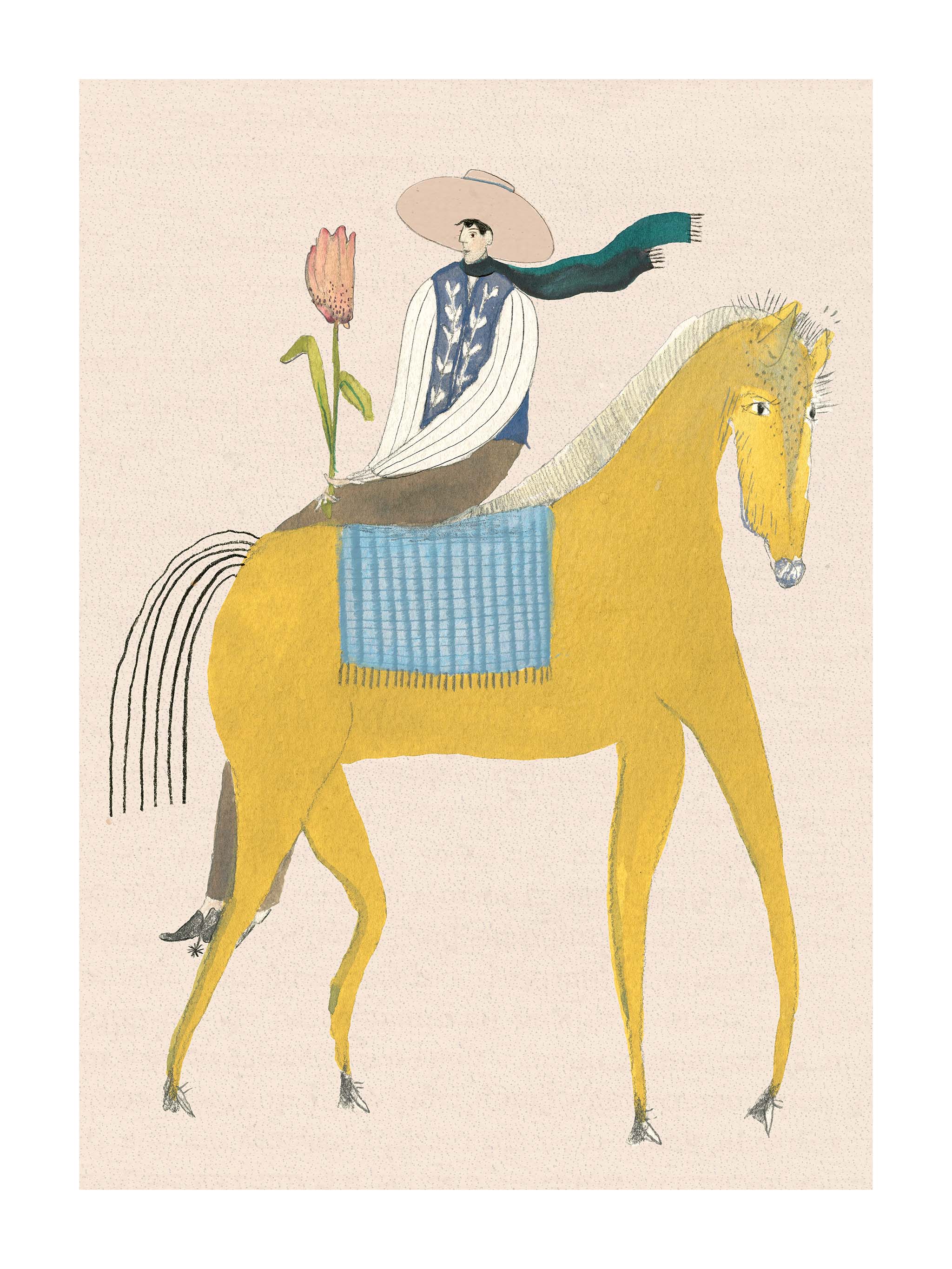 Børneplakat med prins der rider på gul hest gennem blomsterhave. Håndtegnet dansk kunst fra Krull Studio.
