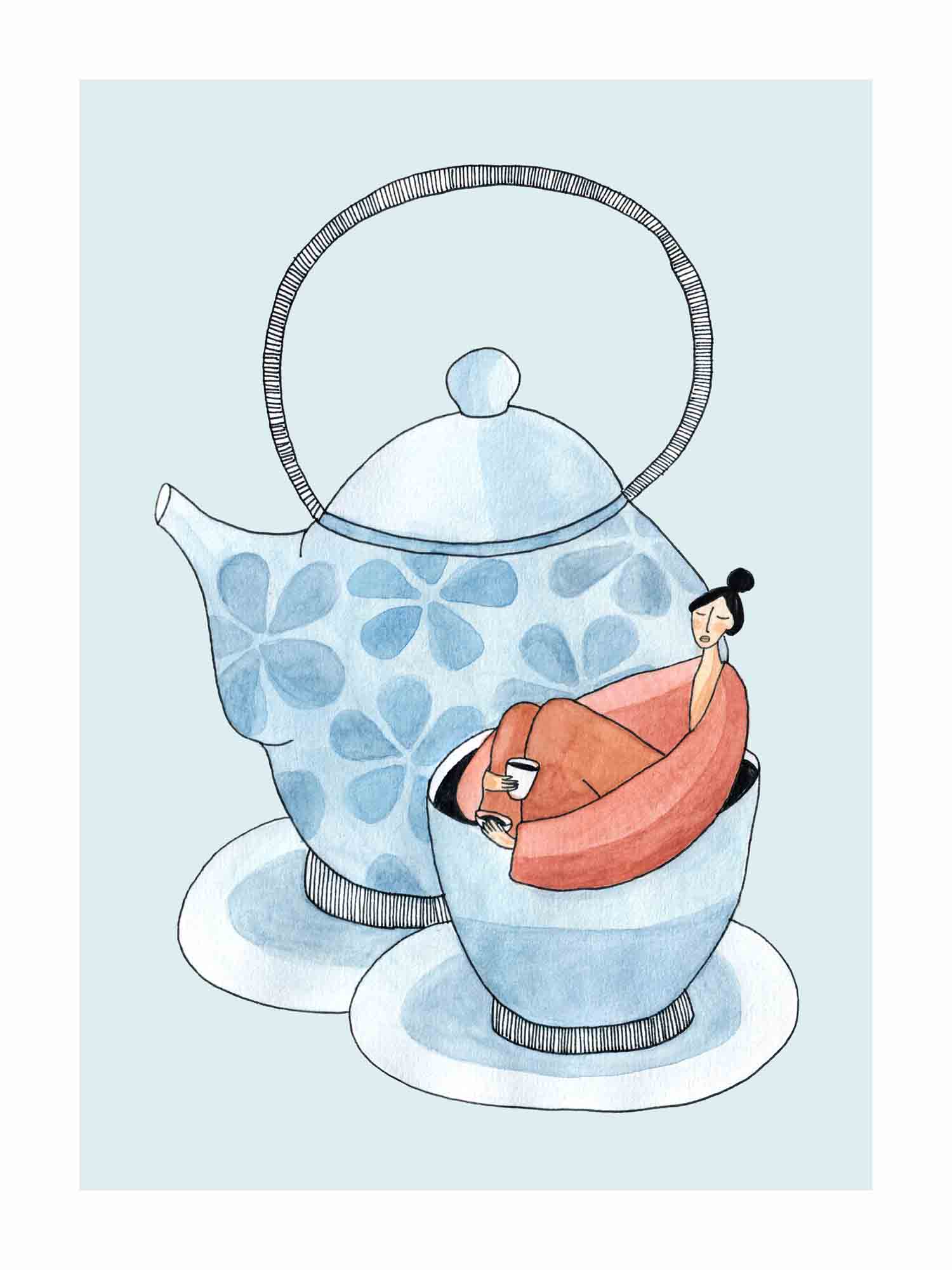 Japandi plakat med dampende rooibos morgente i stille stemning. Håndtegnet dansk kunst fra Krull Studio.