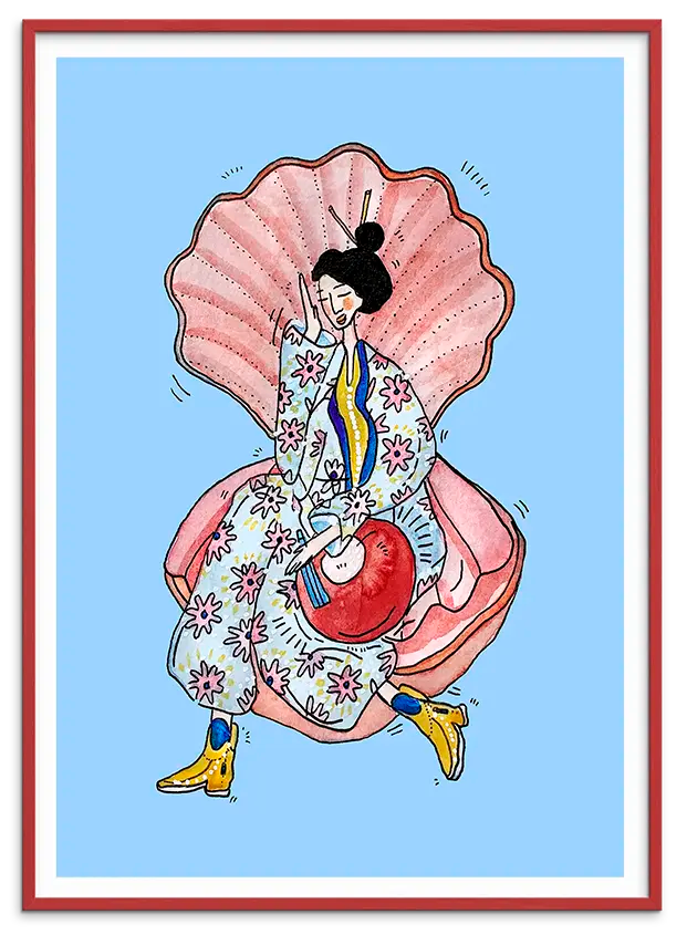 Rød træramme til OYSTER & KIMONO kunstplakat