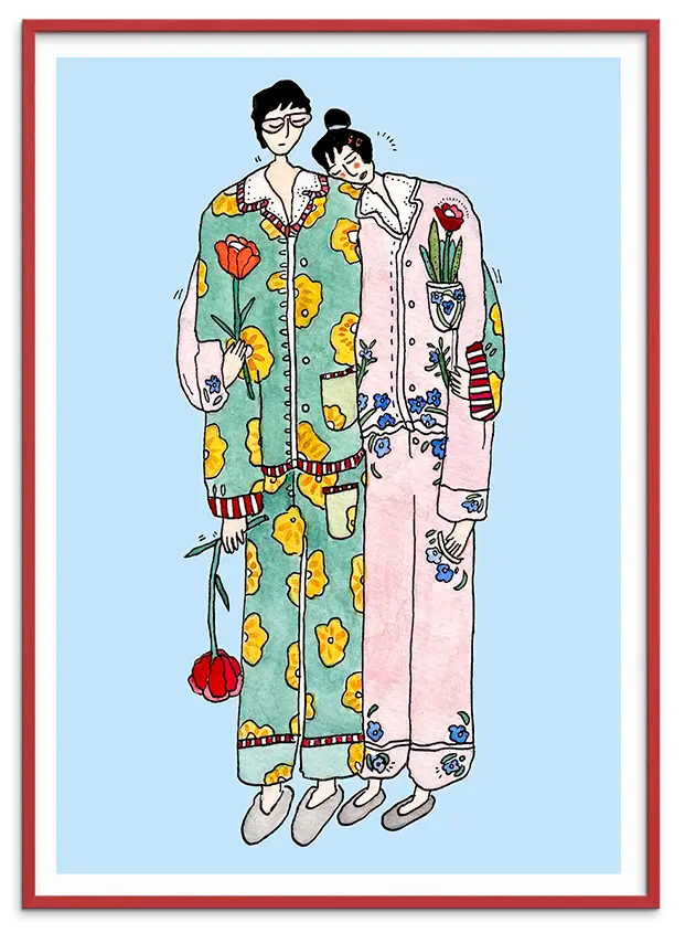 Rød træramme til BFF IN PYJAMAS kunstplakat
