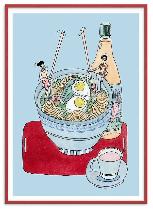 Rød træramme til NOODLE GOSSIP kunstplakat