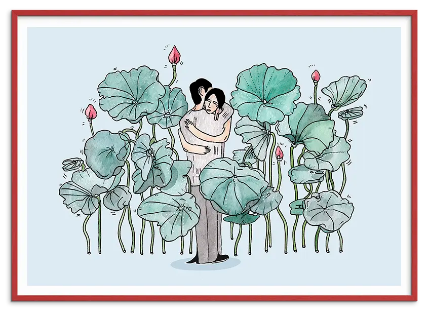 Rød træramme til WATER LILIES LOVERS kunstplakat