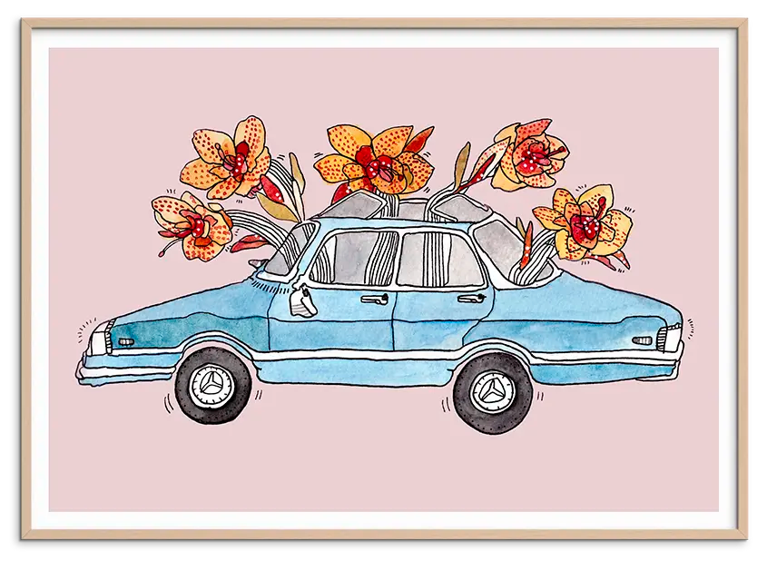 Rosa træramme til BLOOMING CAR kunstplakat