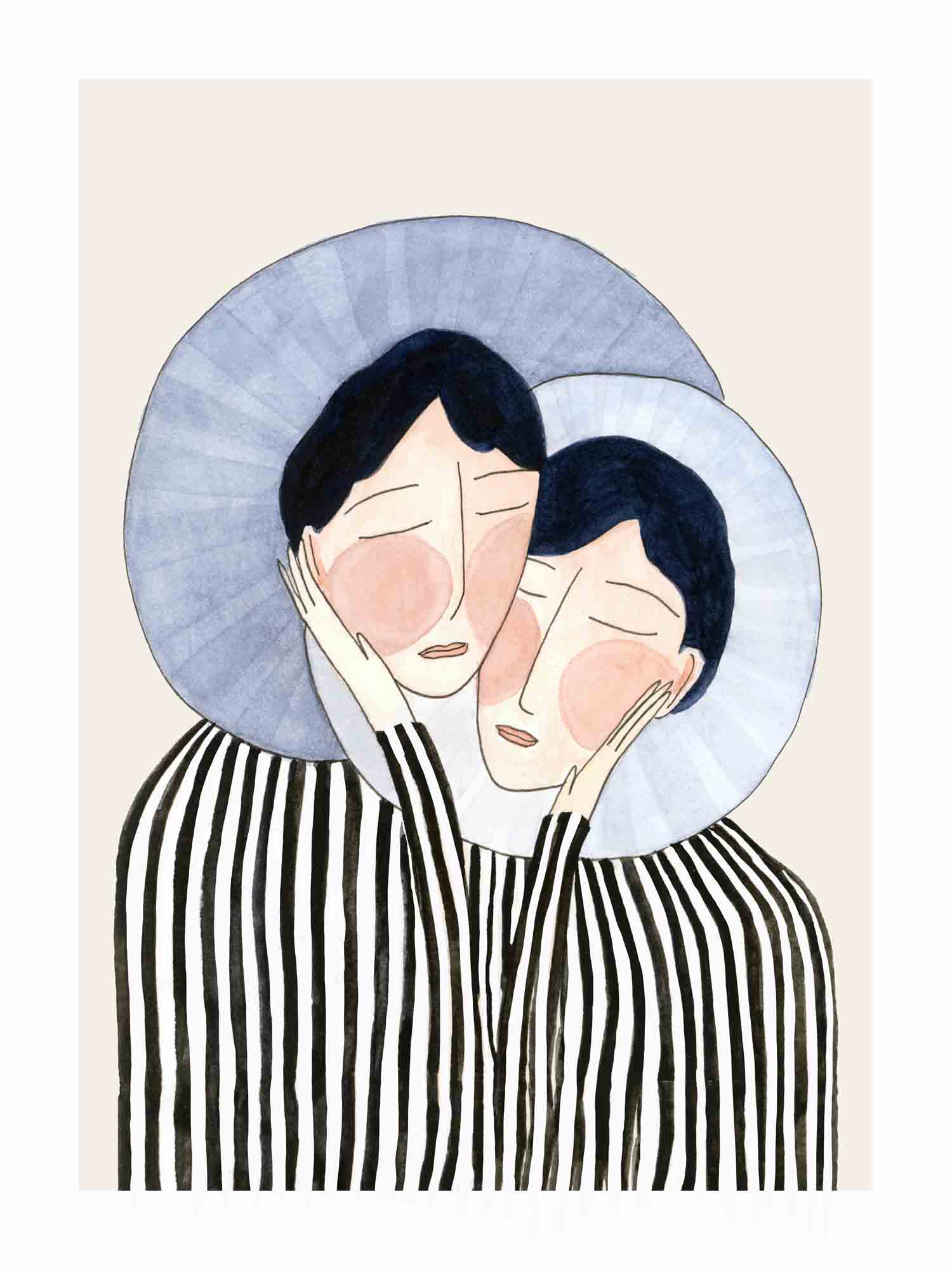 Japandi plakat med tæt omfavnelse der bringer varmen tilbage. Håndtegnet dansk kunst fra Krull Studio.