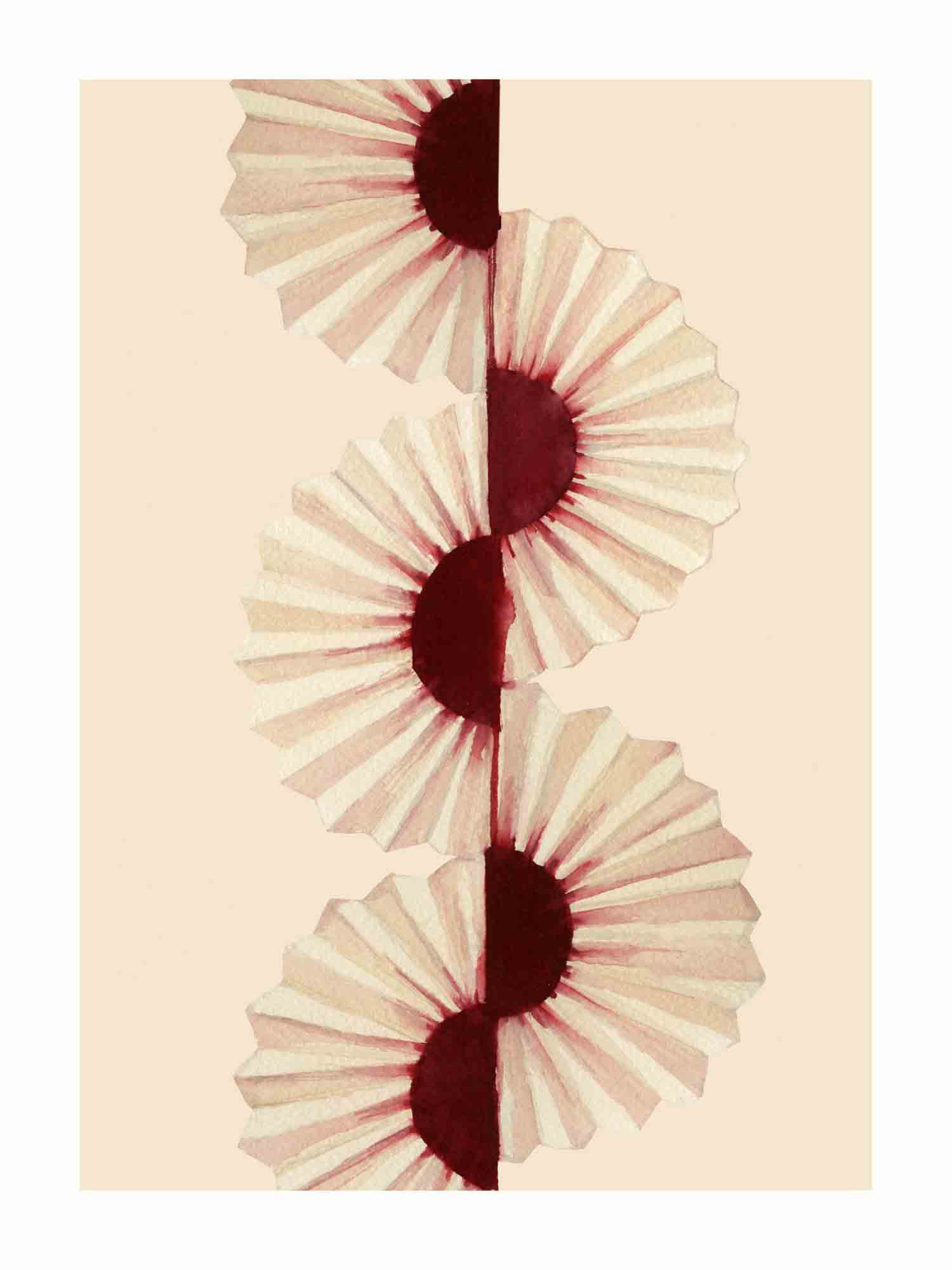 Japandi plakat med vifter aquarelle på snor. Håndtegnet dansk kunst fra Krull Studio.