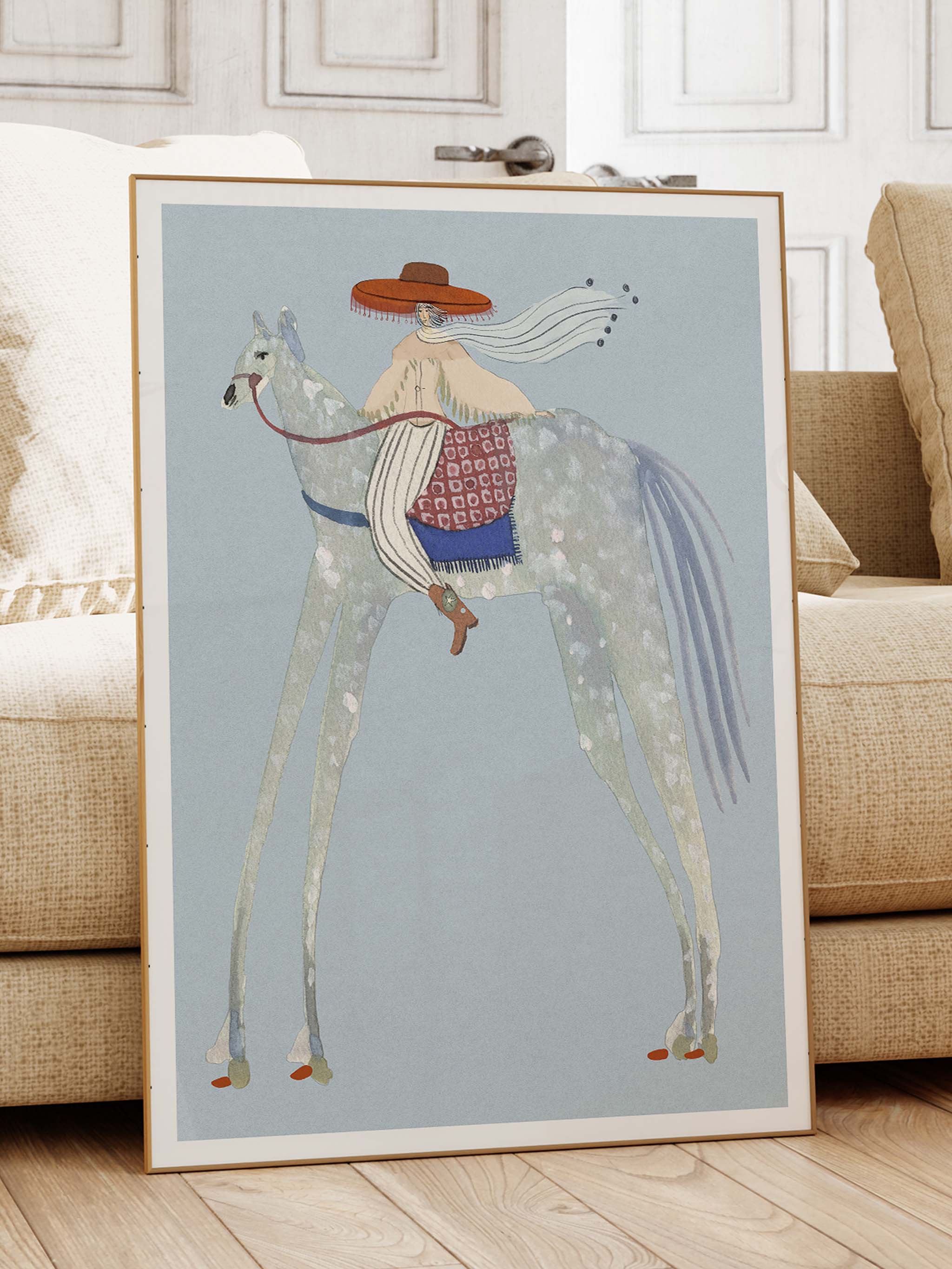 Sheriffen kunstplakat med rytter på en grå hest foran en beige sofa