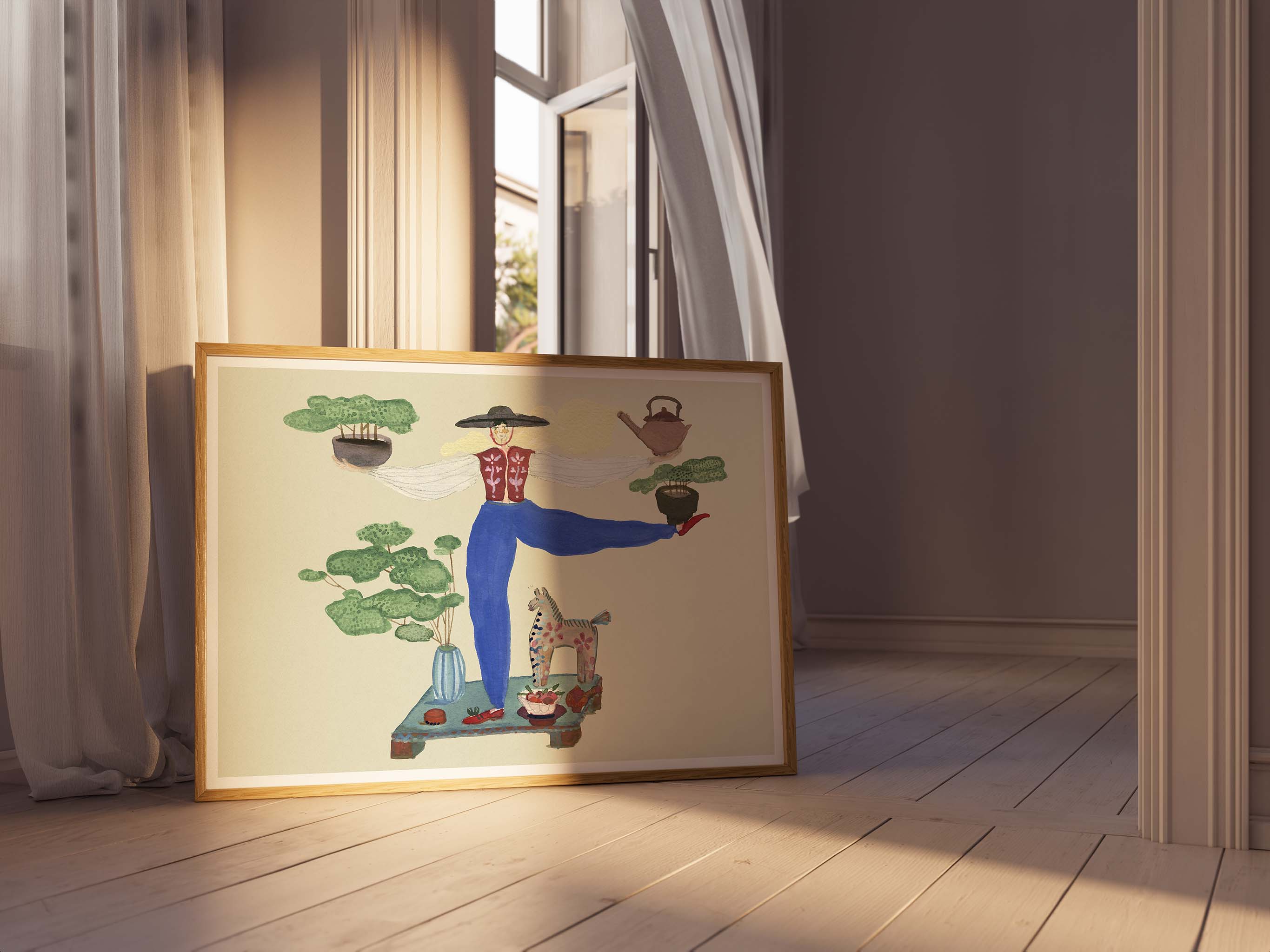 Simmering Gardens kunstplakat med person, bonsaitræer og tekande i lys træramme all-groups