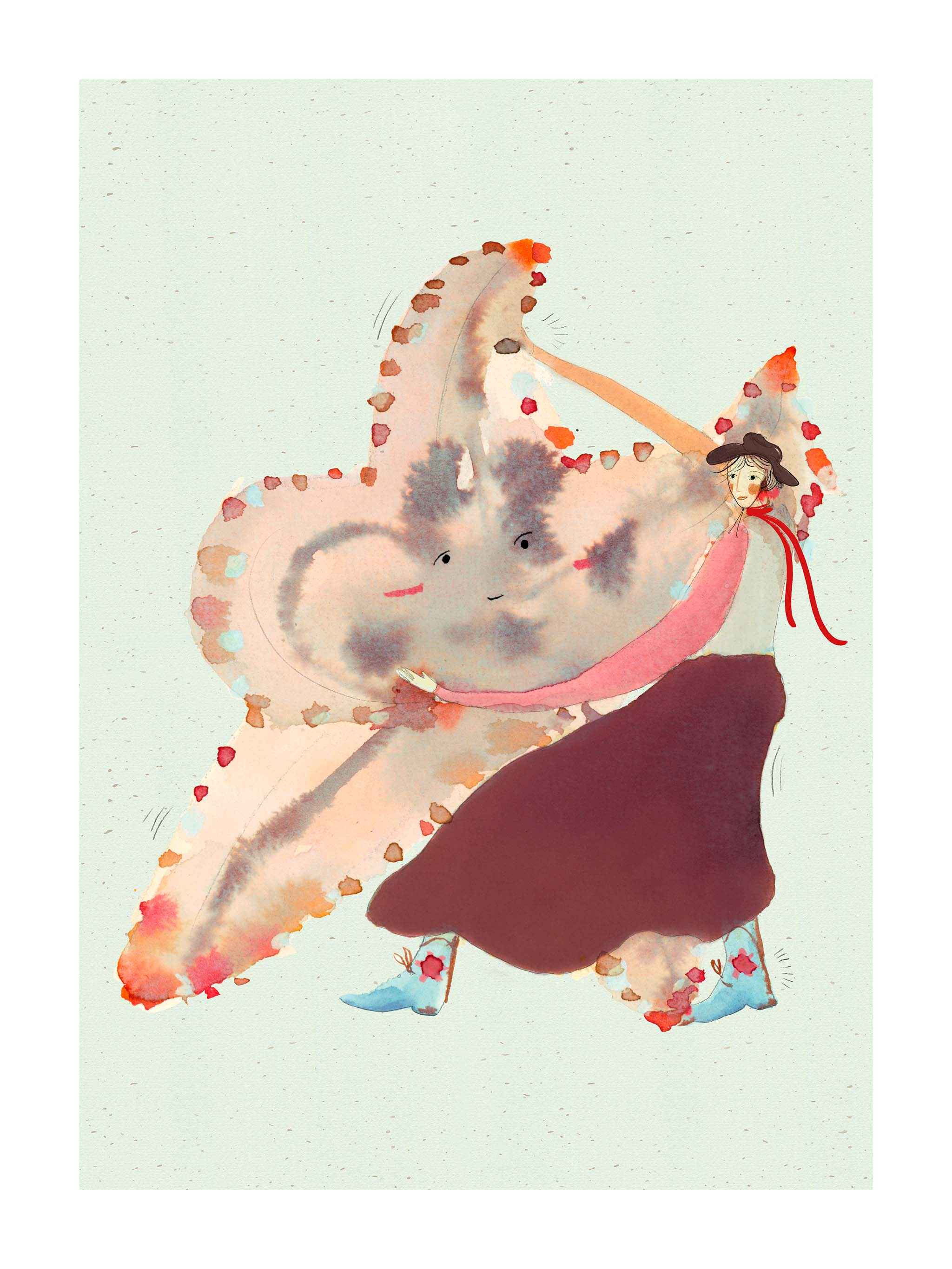 Børneplakat med søstjerne der danser til undersøiske toner. Håndtegnet dansk kunst fra Krull Studio.
