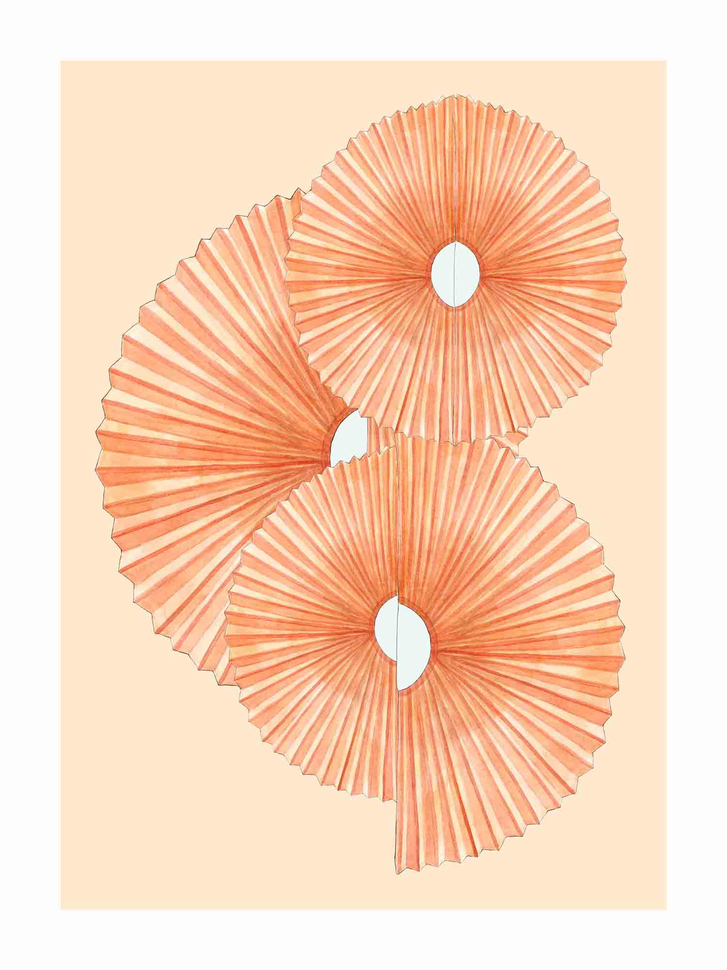 Japandi plakat med dansende orange vifter i hypnotisk dans. Håndtegnet dansk kunst fra Krull Studio.