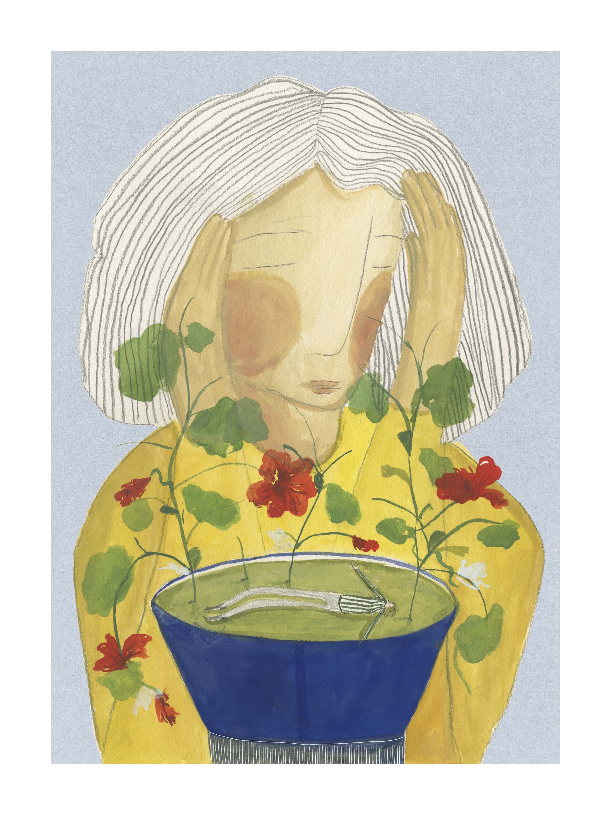 Japandi plakat med tedamp og tankernes stille strøm. Håndtegnet dansk kunst fra Krull Studio. all-groups