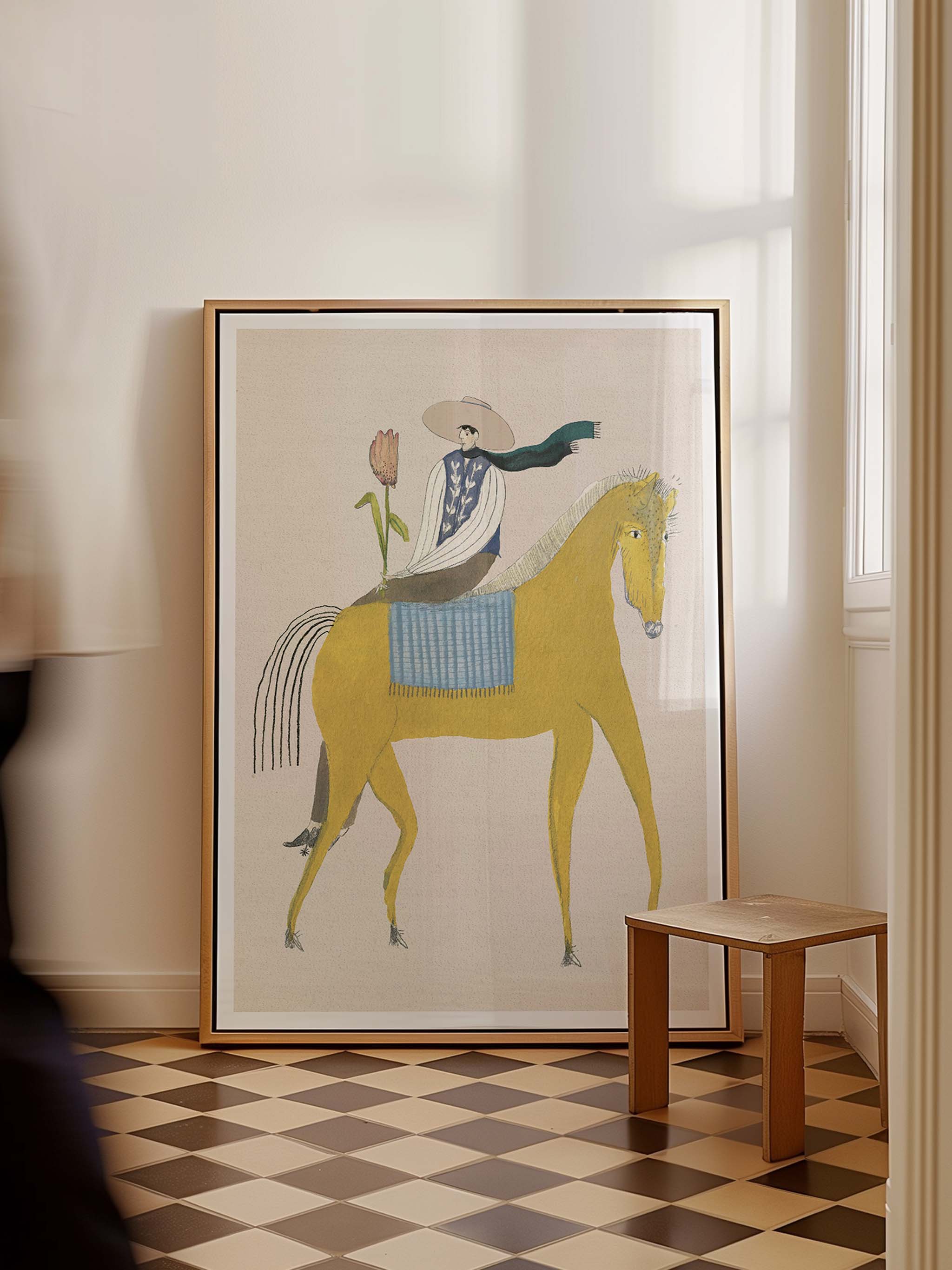Tulipan Prinsen kunstplakat med rytter, tulipan og gul hest på et ternet gulv
