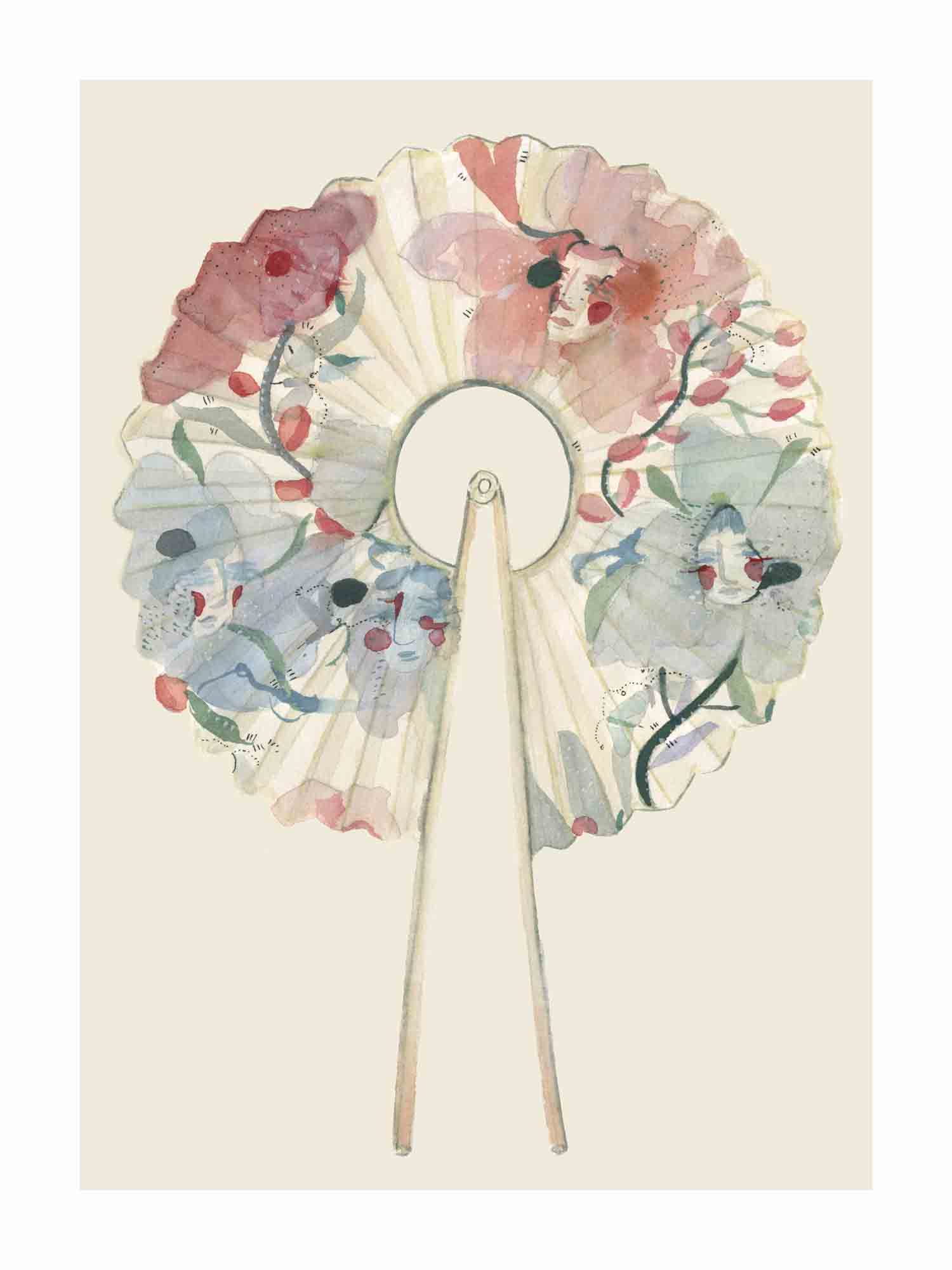Japandi plakat med japansk vifte i washi papir. Håndtegnet dansk kunst fra Krull Studio.