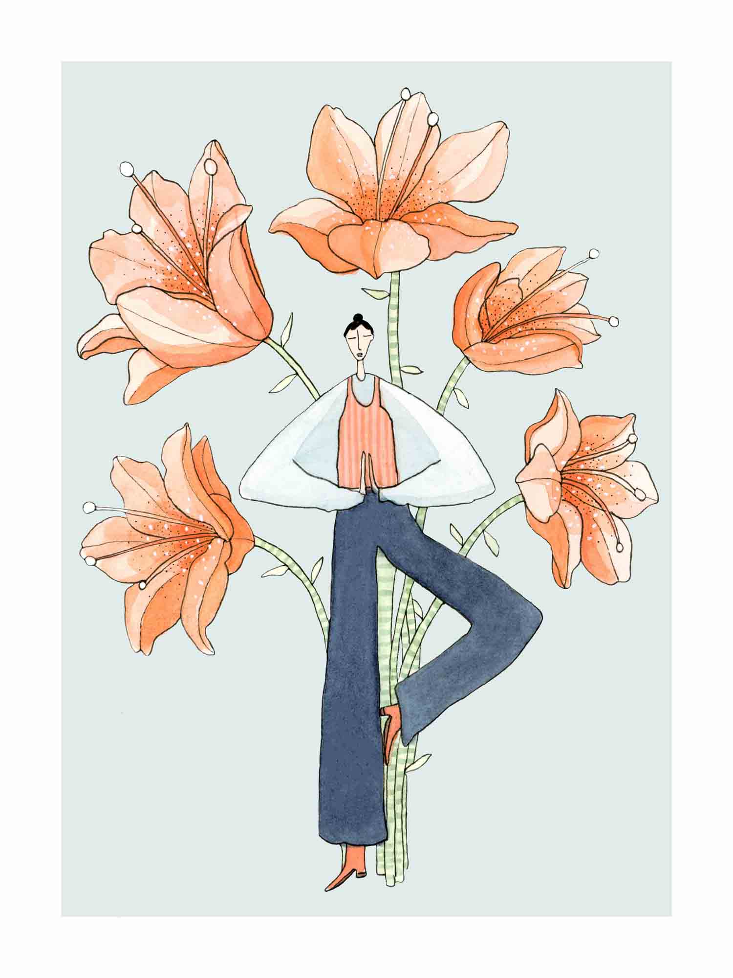 Japandi plakat med yoga blomsterpose i botanisk stil. Håndtegnet dansk kunst fra Krull Studio.
