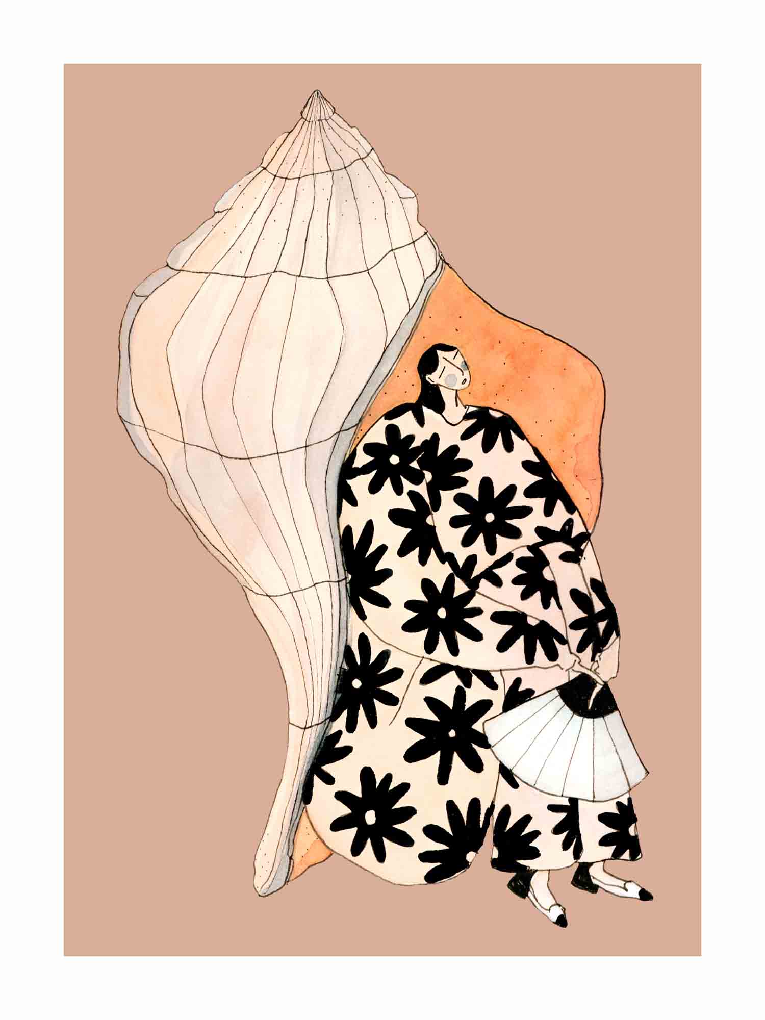 SEASHELL SOUNDS kunstplakat med kvinde i blomstret kimono ved stor muslingeskal