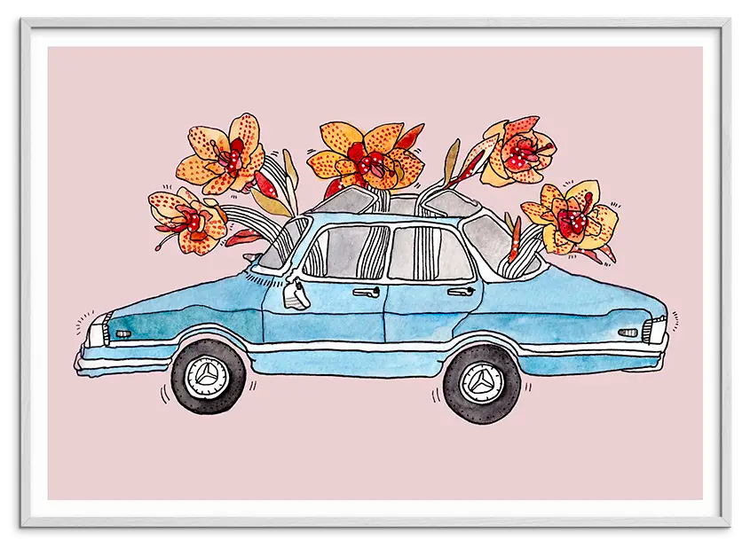Hvid træramme til BLOOMING CAR kunstplakat