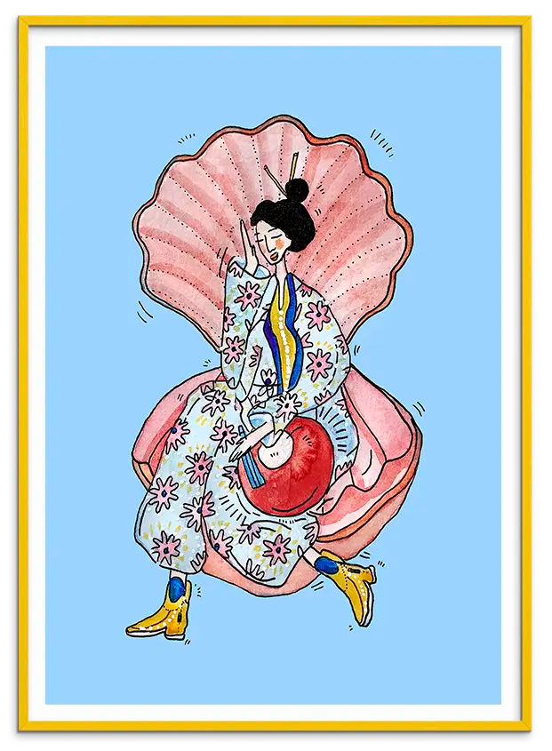 Gul træramme til OYSTER & KIMONO kunstplakat