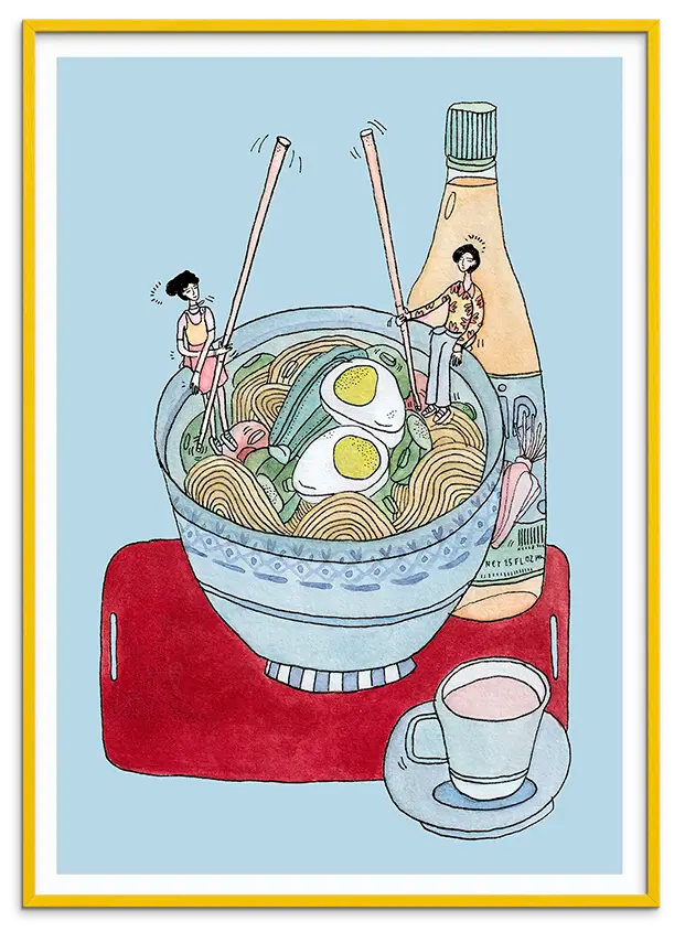 Gul træramme til NOODLE GOSSIP kunstplakat