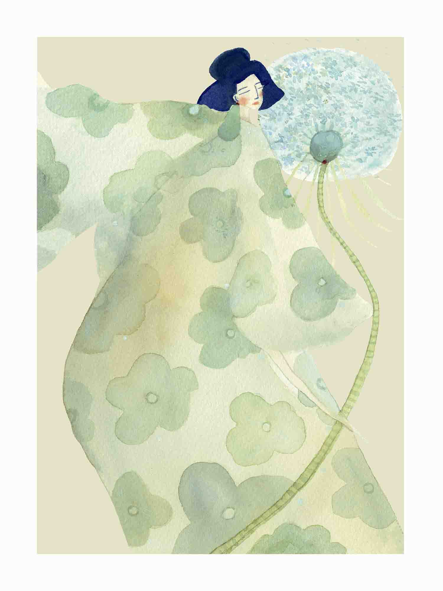 Japandi plakat med kvinde der puster mælkebøttefrø ud i vinden. Håndtegnet dansk kunst fra Krull Studio.