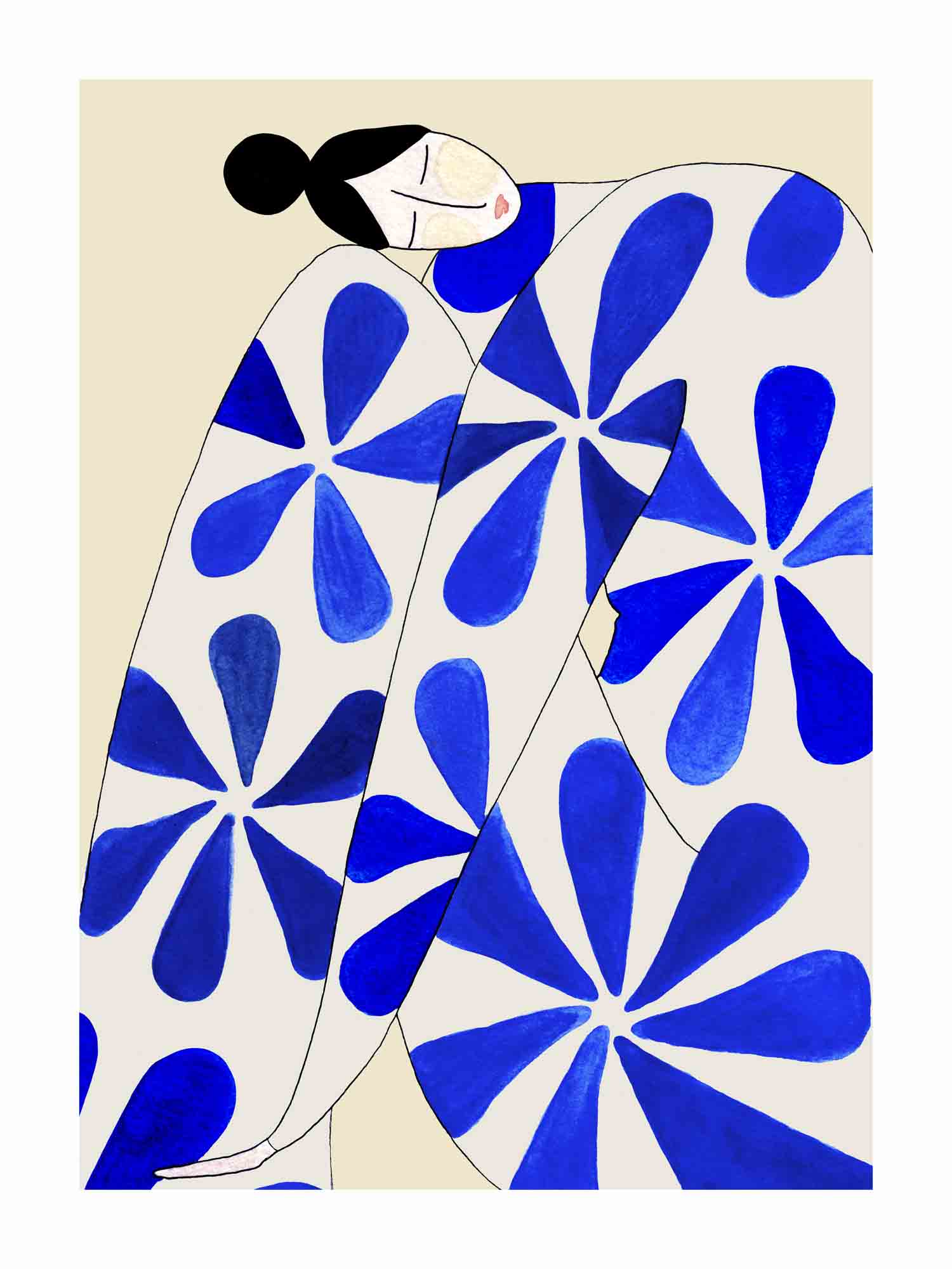 Japandi plakat med blå eftertænksom dame i efterårsstemning. Håndtegnet dansk kunst fra Krull Studio.