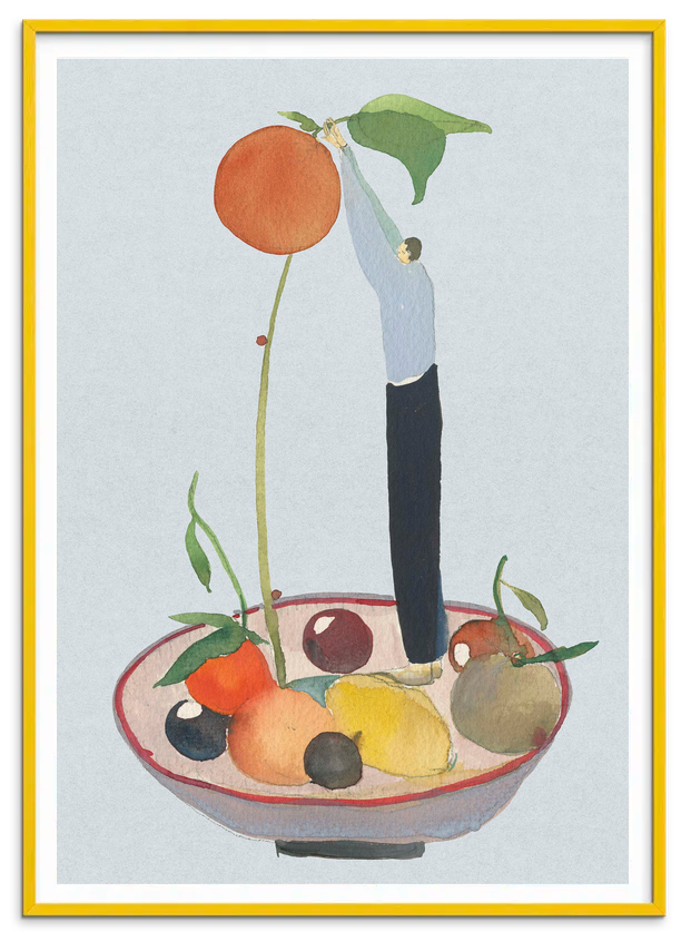 Mandarin Gardener kunstplakat i gul træramme – Krull Studio