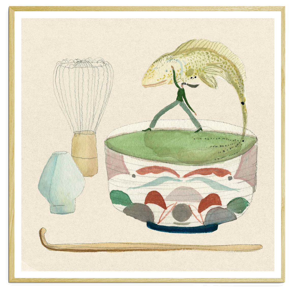Matcha Fish kunstplakat i messingfarvet aluminiumsramme – Krull Studio