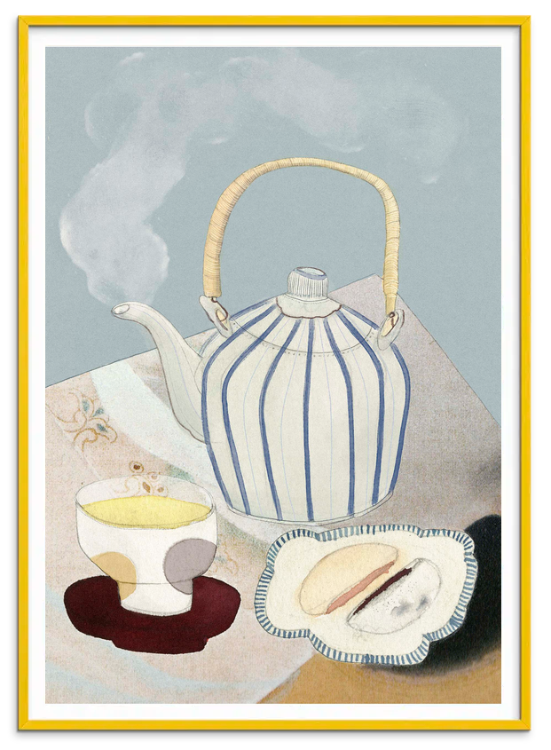 Tea Ceremony kunstplakat i gul træramme – Krull Studio