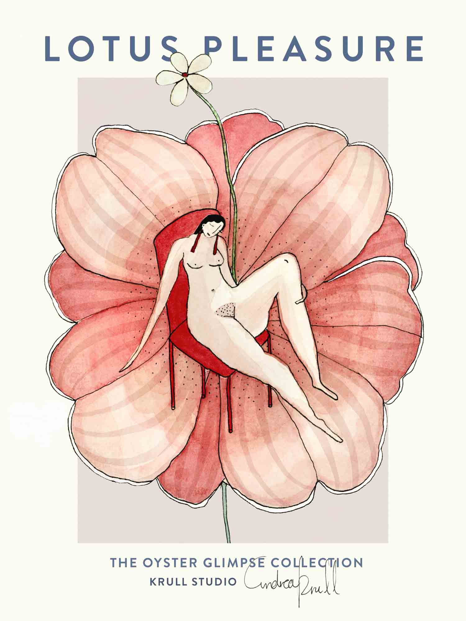 Japandi plakat med nøgne bløde bølger og lotusblomst. Håndtegnet dansk kunst fra Krull Studio.