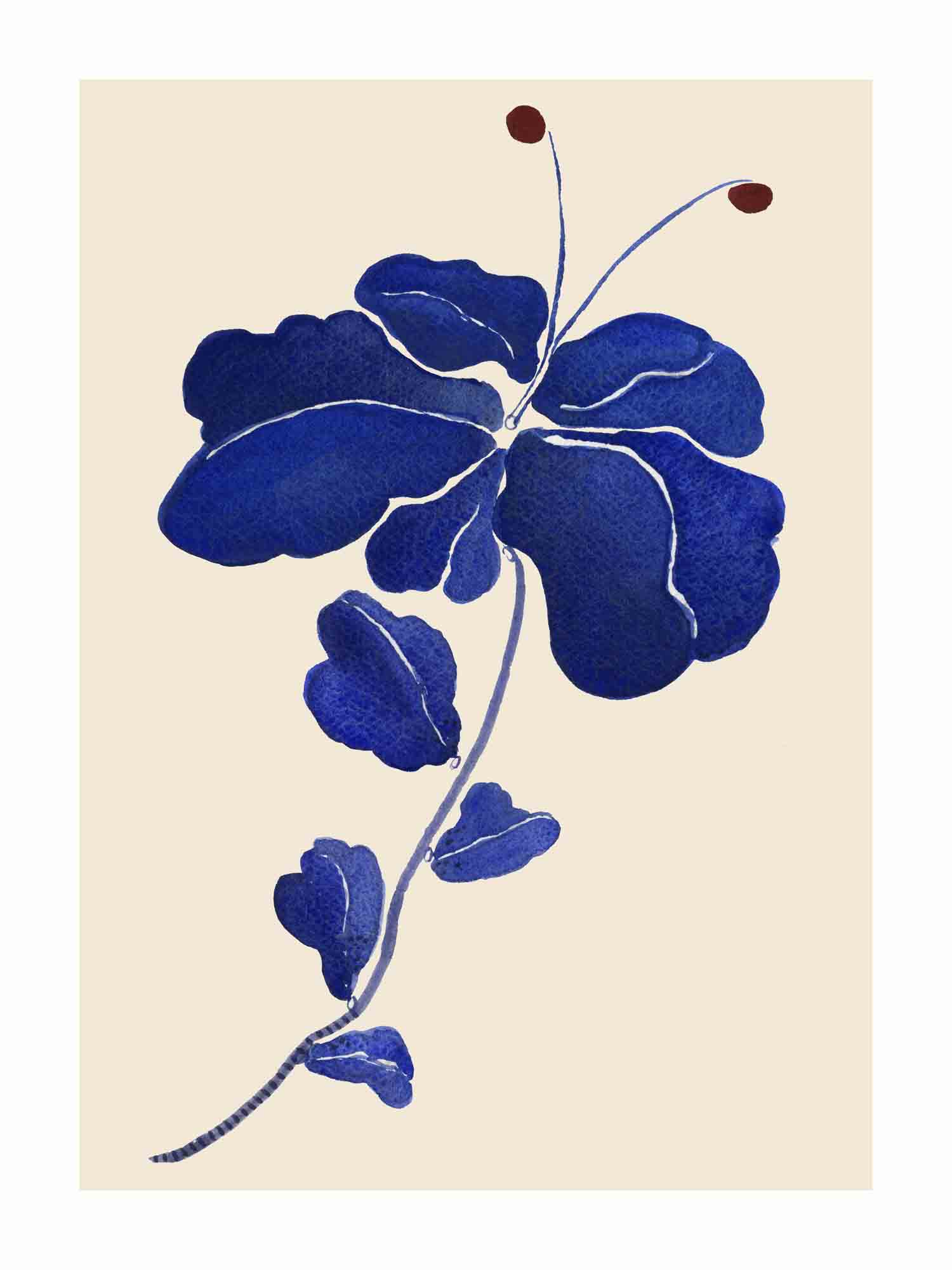Japandi plakat med blå blomst der slynger sig mod solen. Håndtegnet dansk kunst fra Krull Studio.