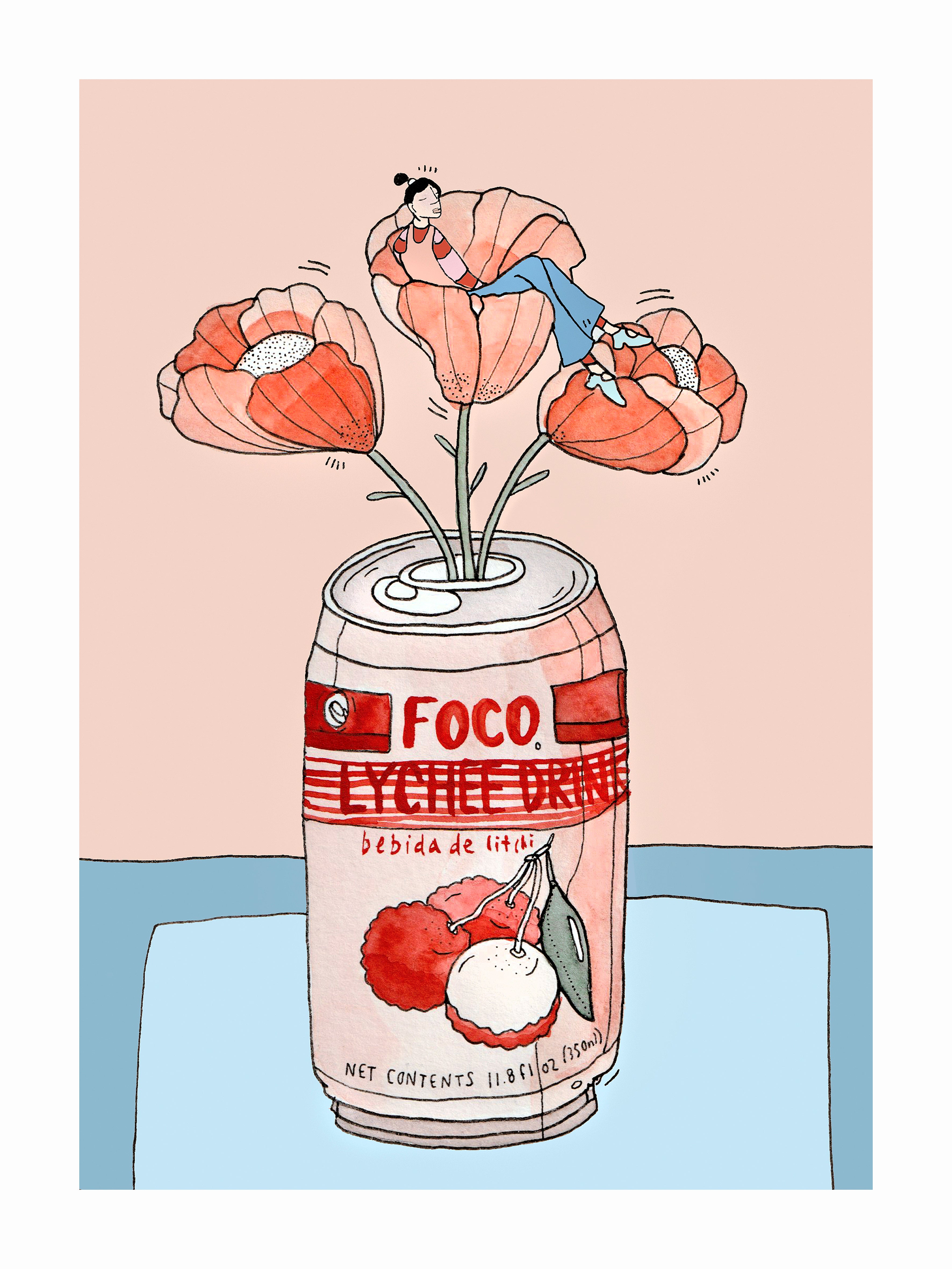 Japandi plakat med lur i en lychee blomst. Håndtegnet dansk kunst fra Krull Studio.