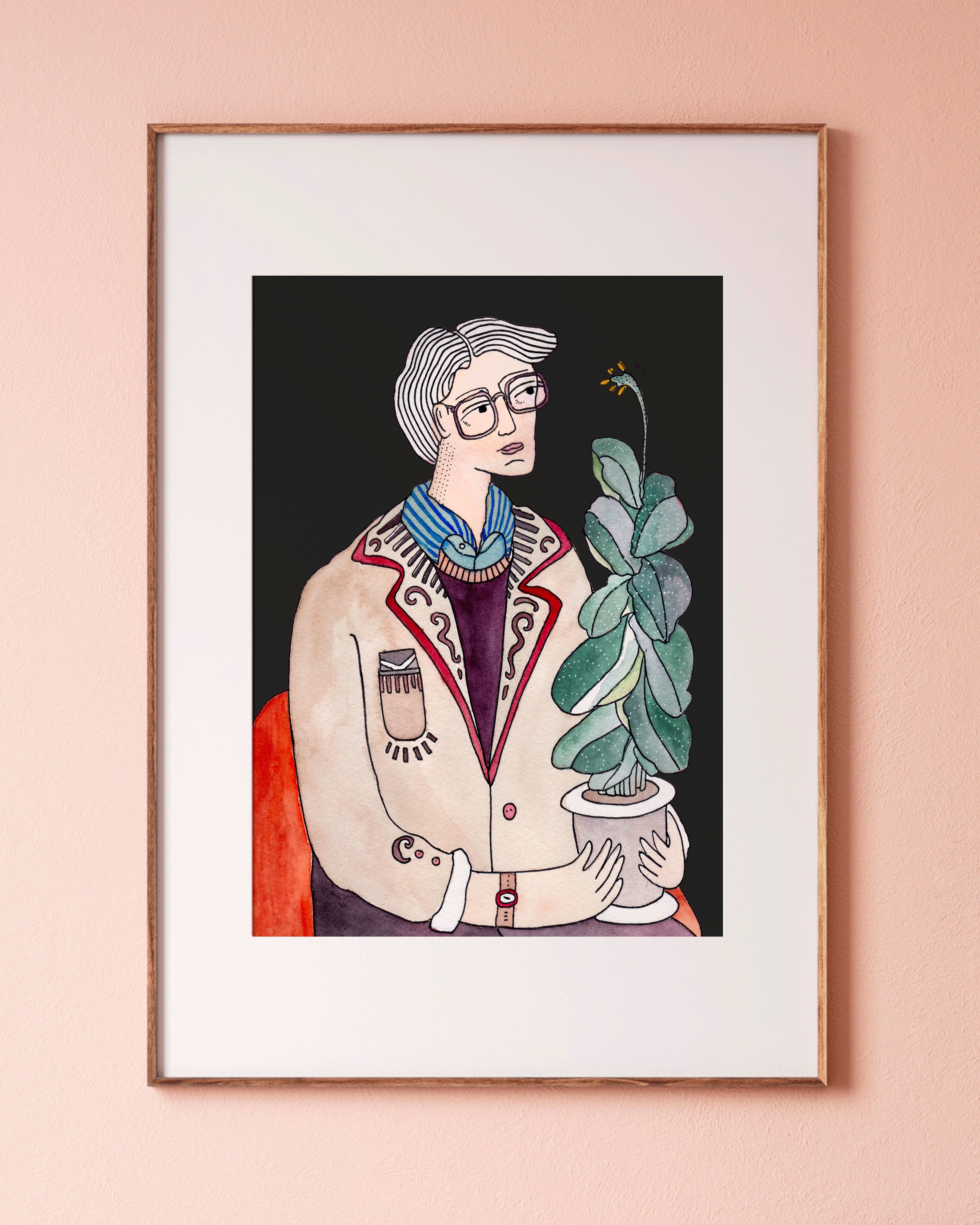 THE FIDDLE LEAF GUY kunstplakat i naturtræsramme på lys rosa væg