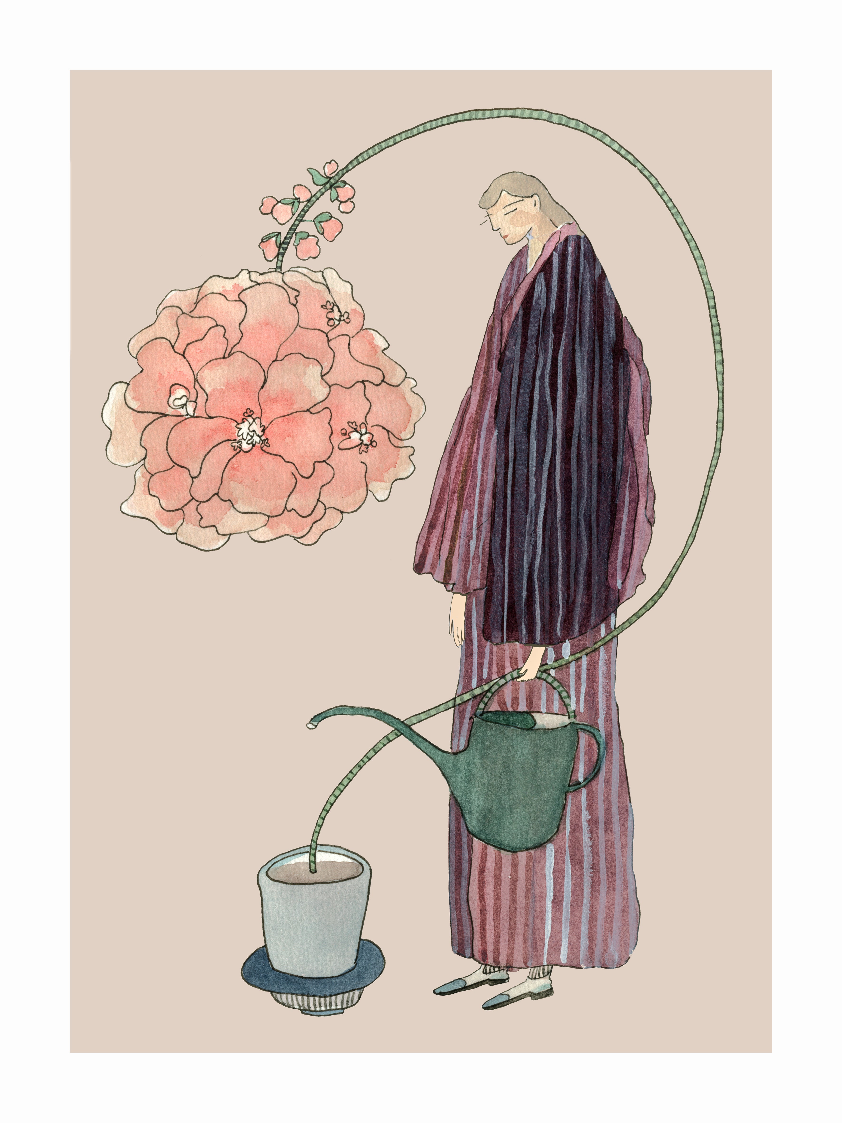 Japandi plakat med klassisk pelargonie i botanisk stil. Håndtegnet dansk kunst fra Krull Studio.
