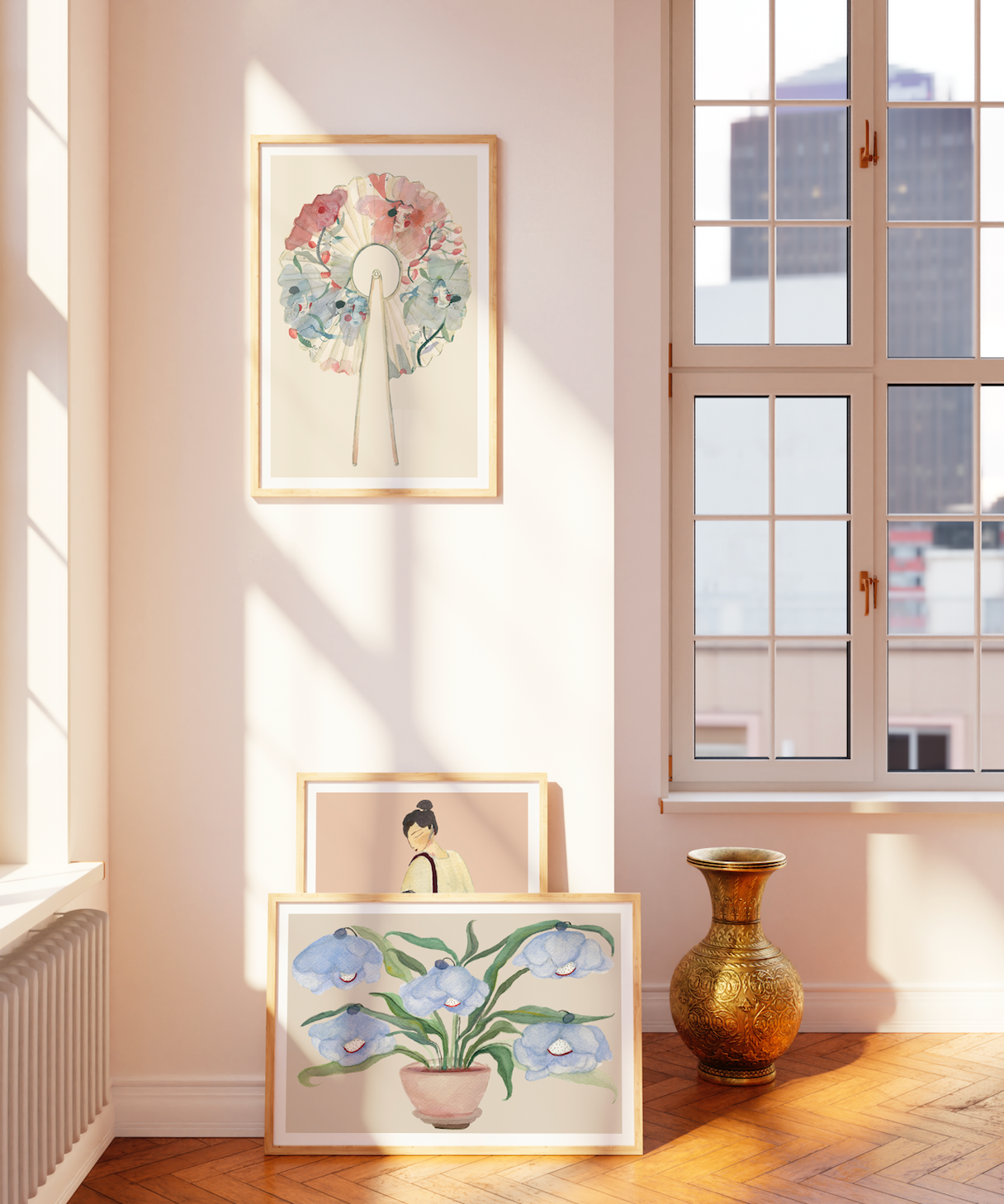 WASHI PAPER FAN kunstplakat med rosa og blå vifter på en lys væg ved et vindue